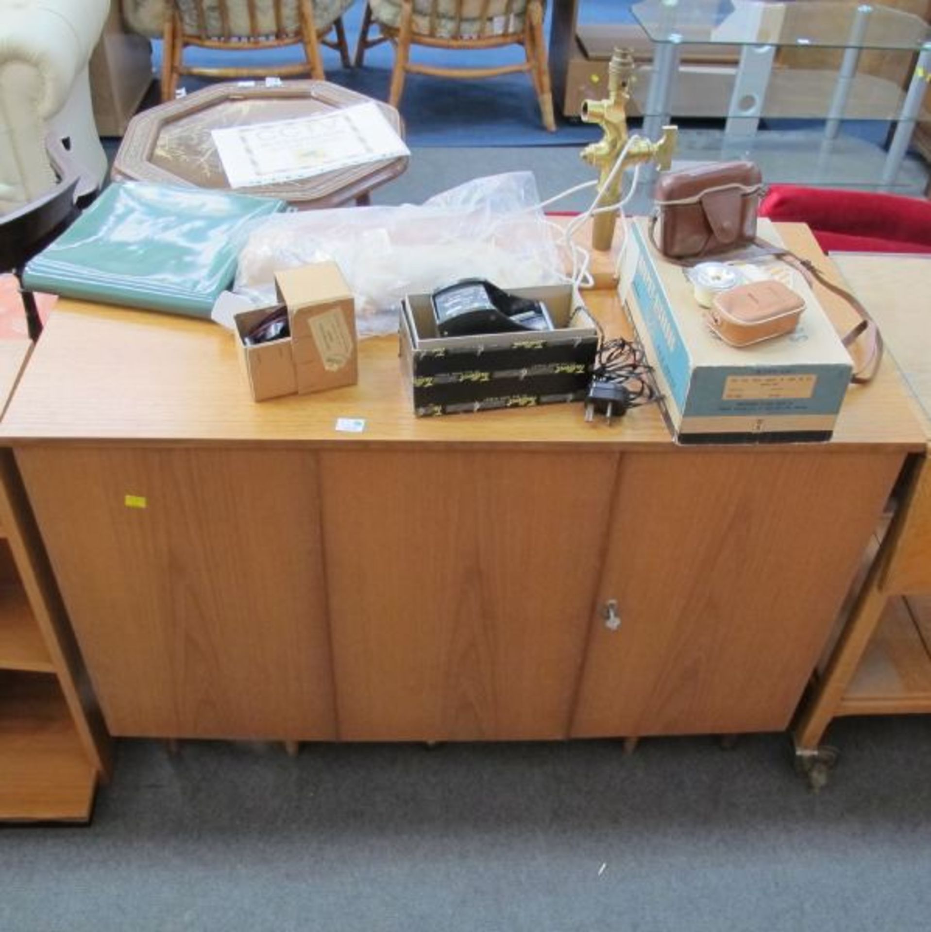 A Teak ''Home Desk'' with Opening Front and Fitted Interior.  107cm.  Together with, an Oak Drop