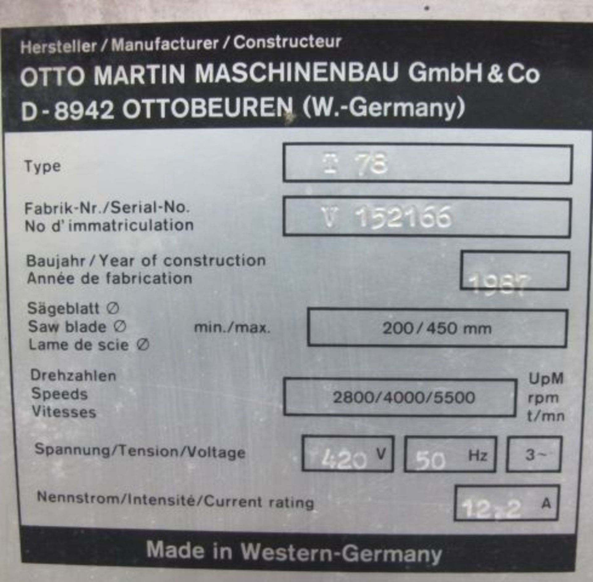 * 1987 MARTIN TYPE T78 SLIDING TABLE PANEL SAW; 3200MM BED FIXED 90DEG; SCORING SAW; 900MM RIP - Image 6 of 7