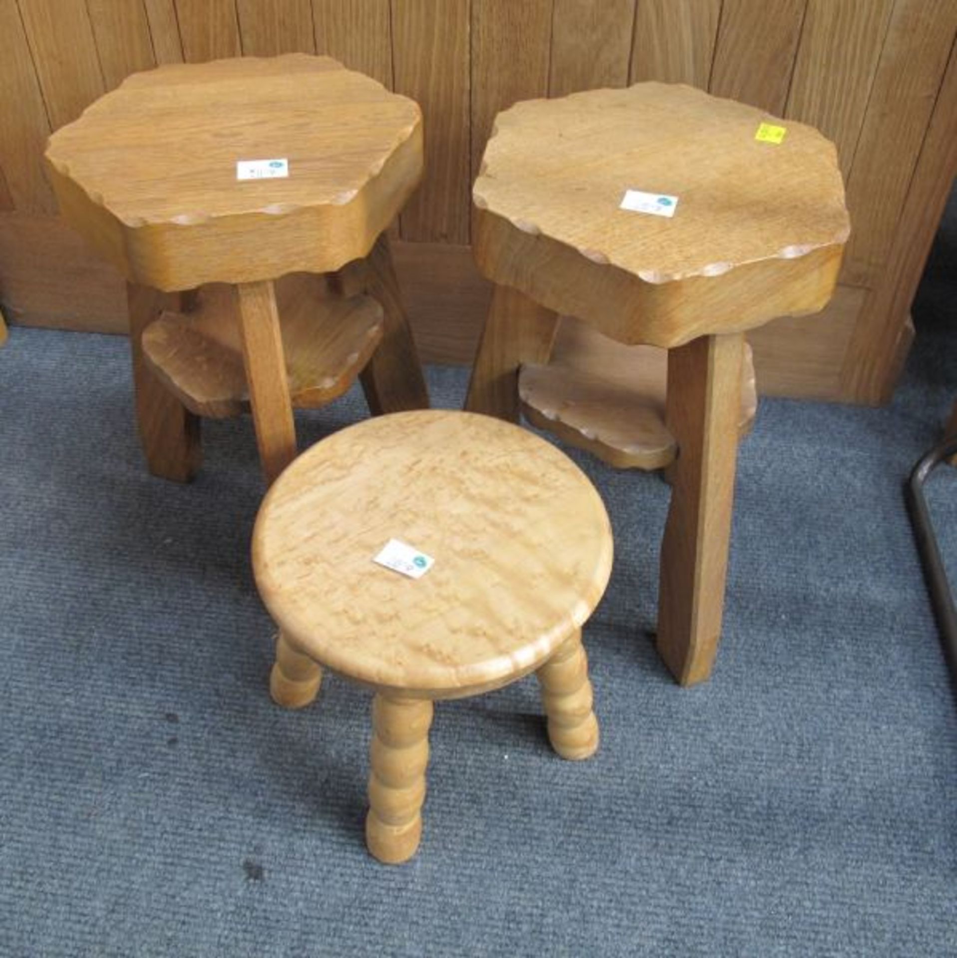 A Pair of Carved Oak Hexagonal Small Stool/Stands; a ''Milking Stool''; a Single Drawer Wall Shelf