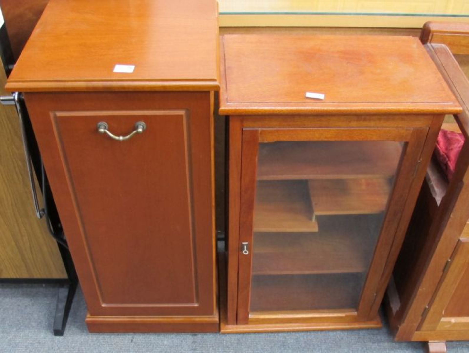 A Teak Hall/Telephone Seat; a Small Glazed Cabinet and a Melamine CD Storage Cupboard.  (3) (est. £