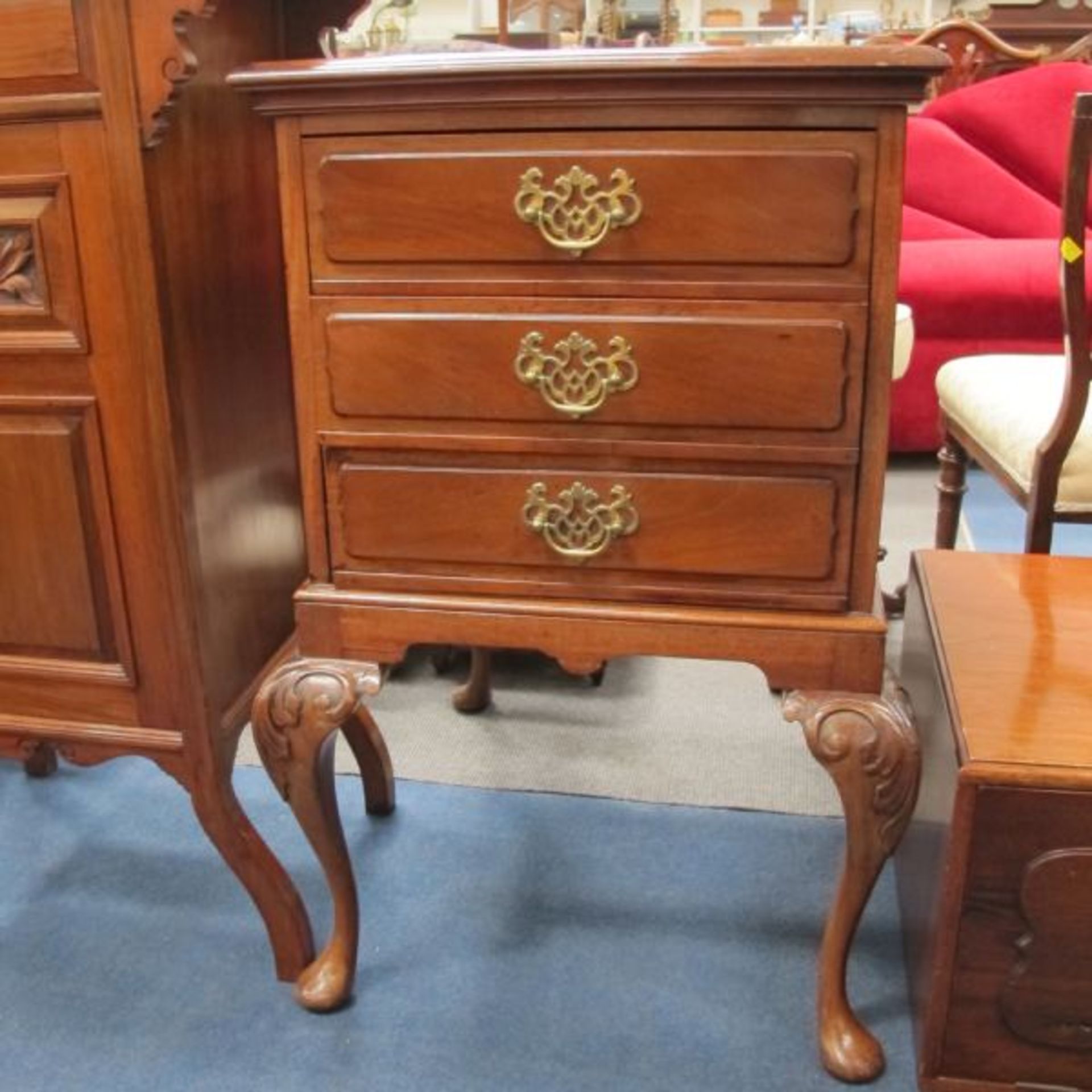 An Edwardian Walnut Narrow Cabinet.  62cms.  A Mahogany Deep Three Drawer Former Sheet Music Chest - Image 2 of 3