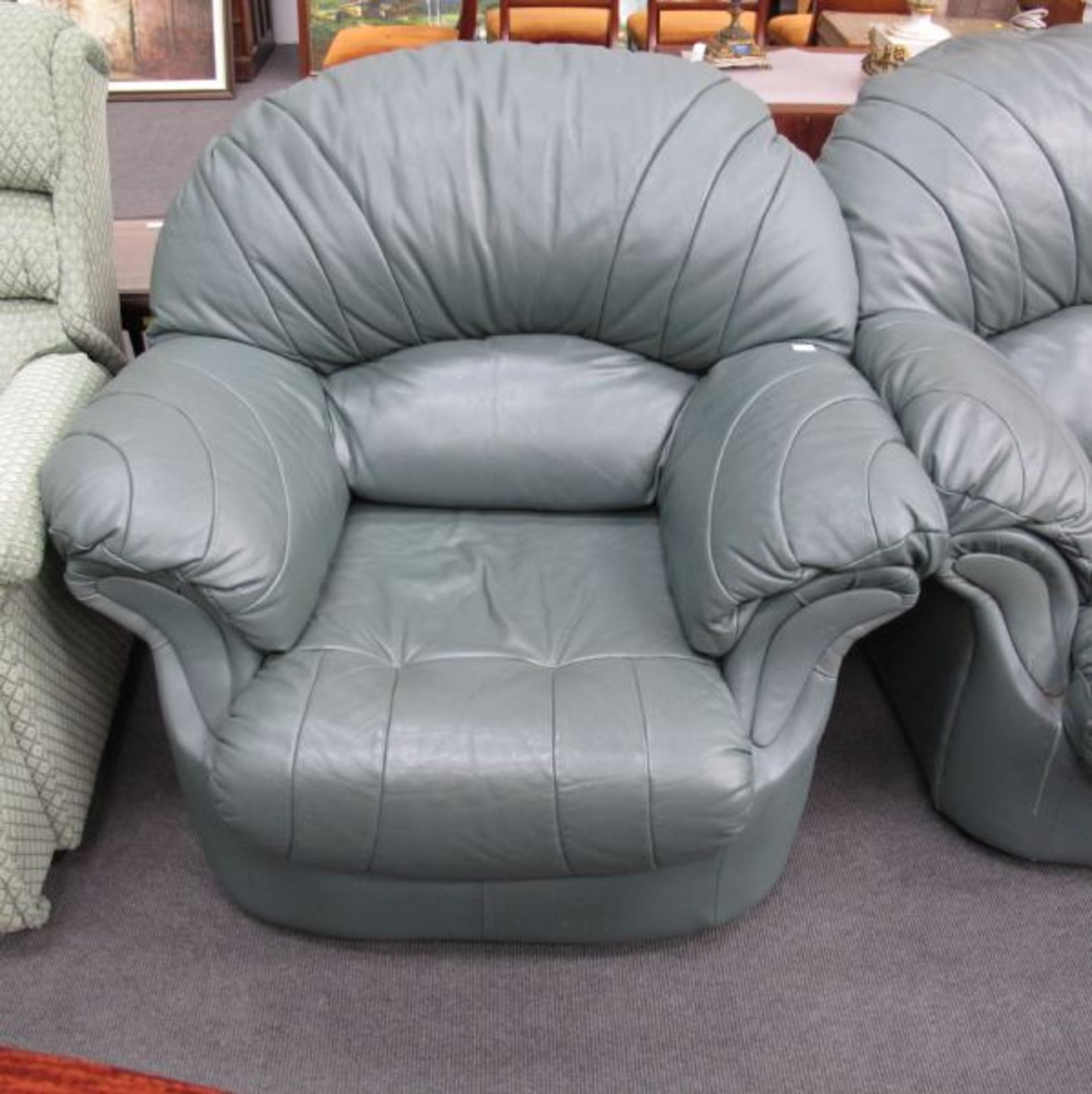 A Green Leather Suite Comprising; A Pair of Two Seater Settees and The Matching Armchair. (est. £ - Image 2 of 3