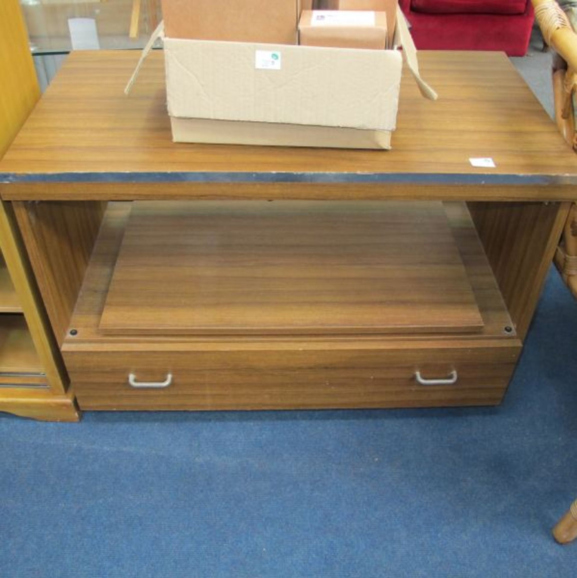 A Pair of Cane Conservatory Armchairs; A Narrow Sliding Door Bookcase/Cupboard and a TV/Video Stand. - Image 2 of 3