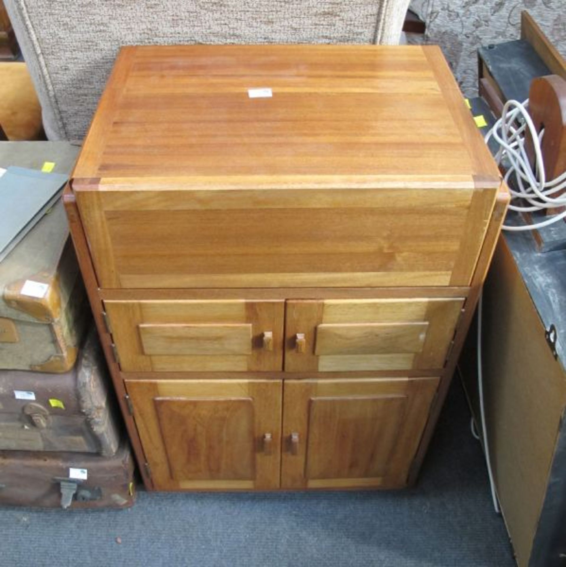 A Rotel Stereo Amplifier and JVC Cassette Deck with Teak Cabinet together with Two Wall Mounted