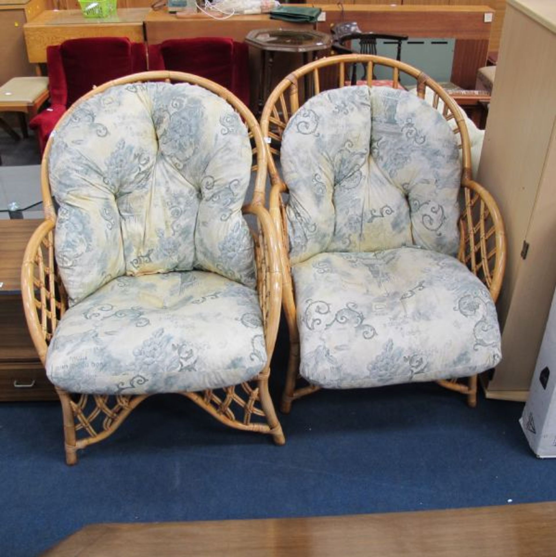 A Pair of Cane Conservatory Armchairs; A Narrow Sliding Door Bookcase/Cupboard and a TV/Video Stand.