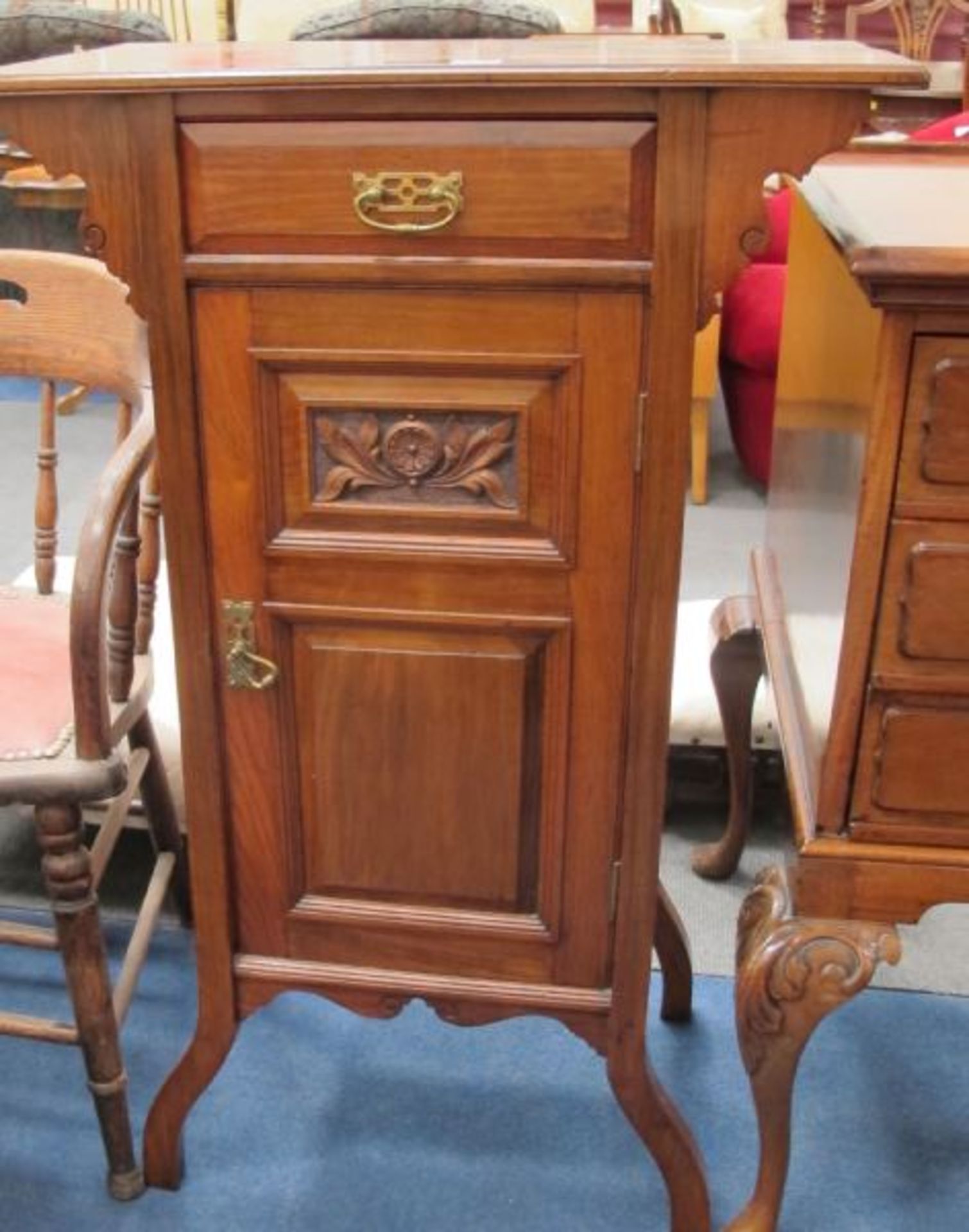 An Edwardian Walnut Narrow Cabinet.  62cms.  A Mahogany Deep Three Drawer Former Sheet Music Chest