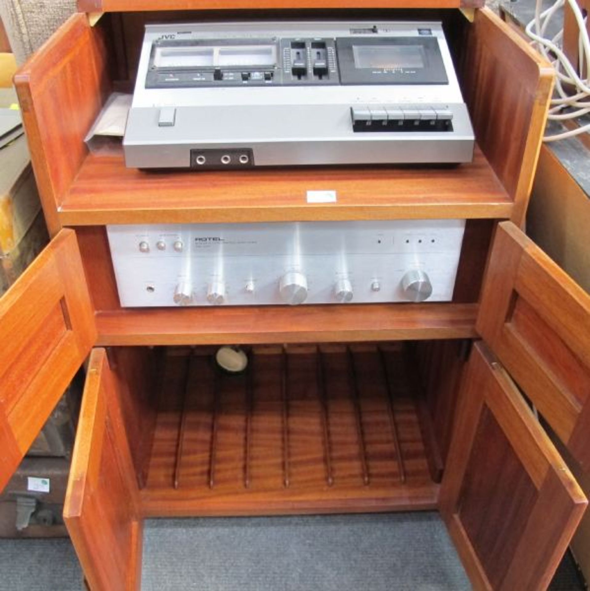 A Rotel Stereo Amplifier and JVC Cassette Deck with Teak Cabinet together with Two Wall Mounted - Image 2 of 4