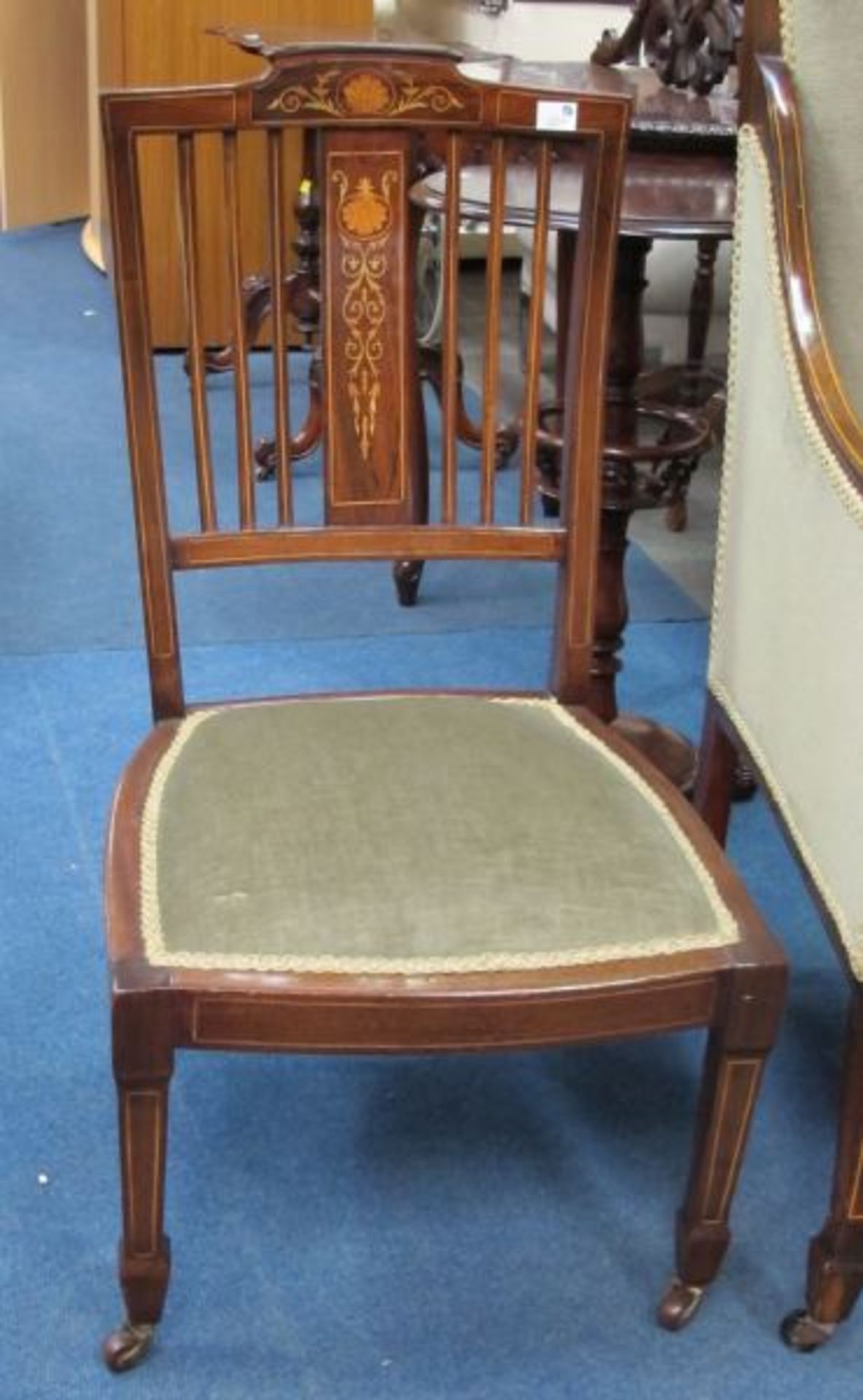 An Edwardian Inlaid Mahogany Two Seat High Back Settee; A similar Railback Nursing Chair together - Image 2 of 4