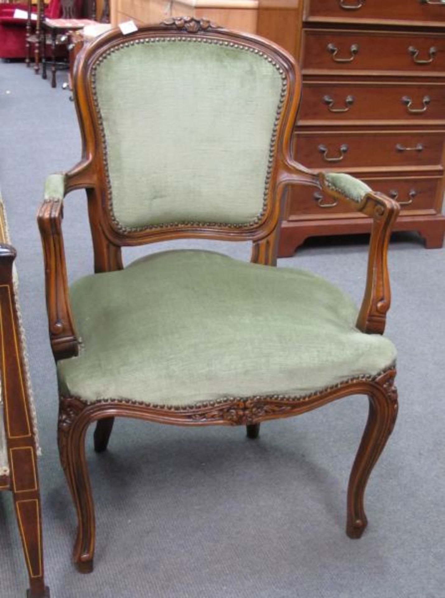 An Edwardian Inlaid Mahogany Two Seat High Back Settee; A similar Railback Nursing Chair together - Image 4 of 4