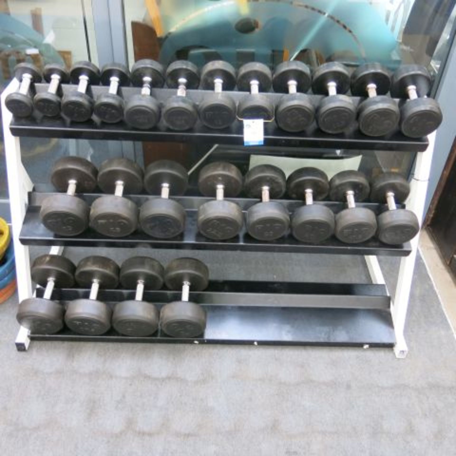 * 12 x Pairs of Rubber covered Dumbbells, 2.5KG- 30KG c/w a Pullum three tier Weight Rack. Please