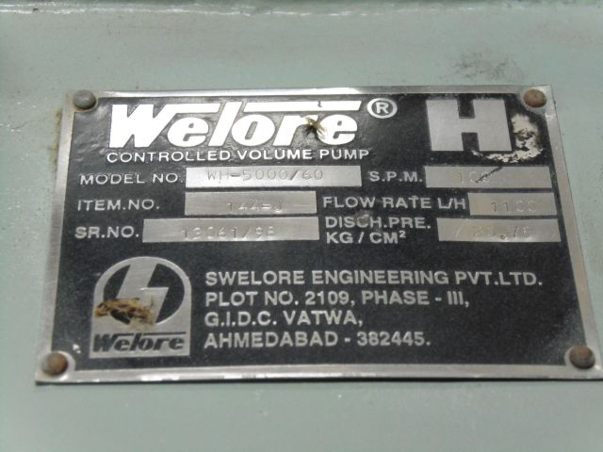 Welore Model WH-5000/60 Controlled Volume Pump; S.P.M. 100; Flow Rate 1100 LTR/H; Discharge Pressure - Image 2 of 2