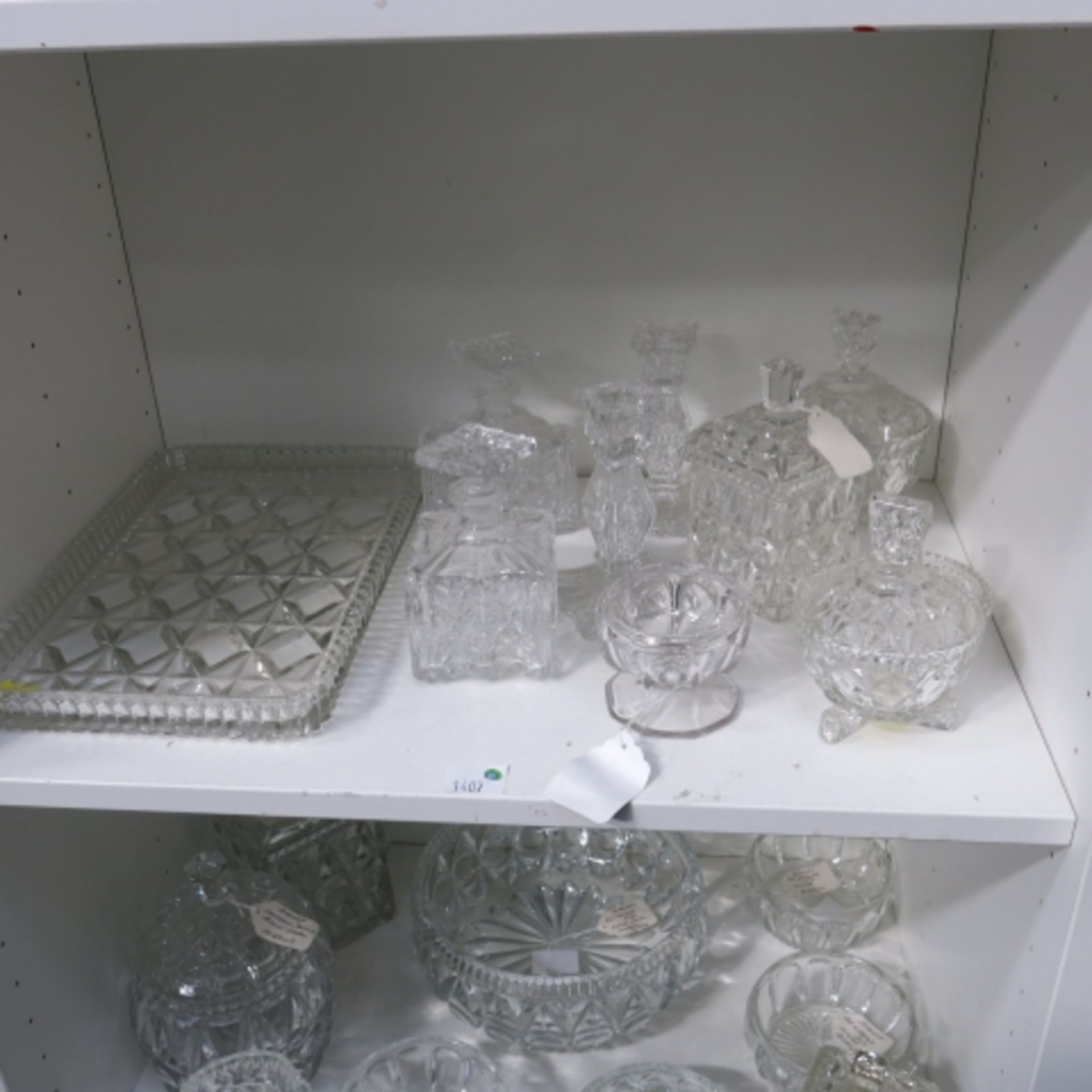 Lot containing four shelves of cut glass bowls, large, small, biscuit jar, candlestick holders, - Image 4 of 5