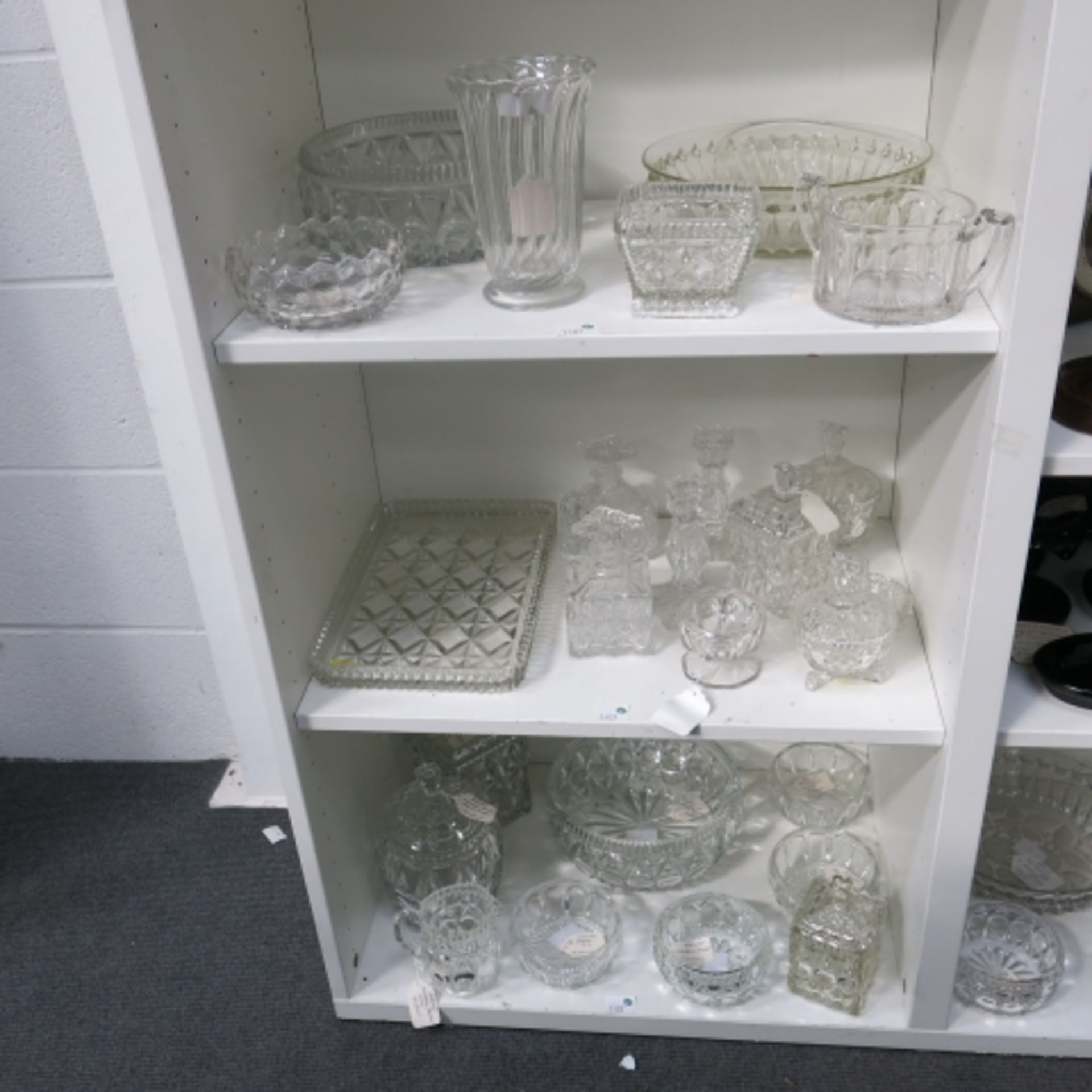 Lot containing four shelves of cut glass bowls, large, small, biscuit jar, candlestick holders, - Image 2 of 5