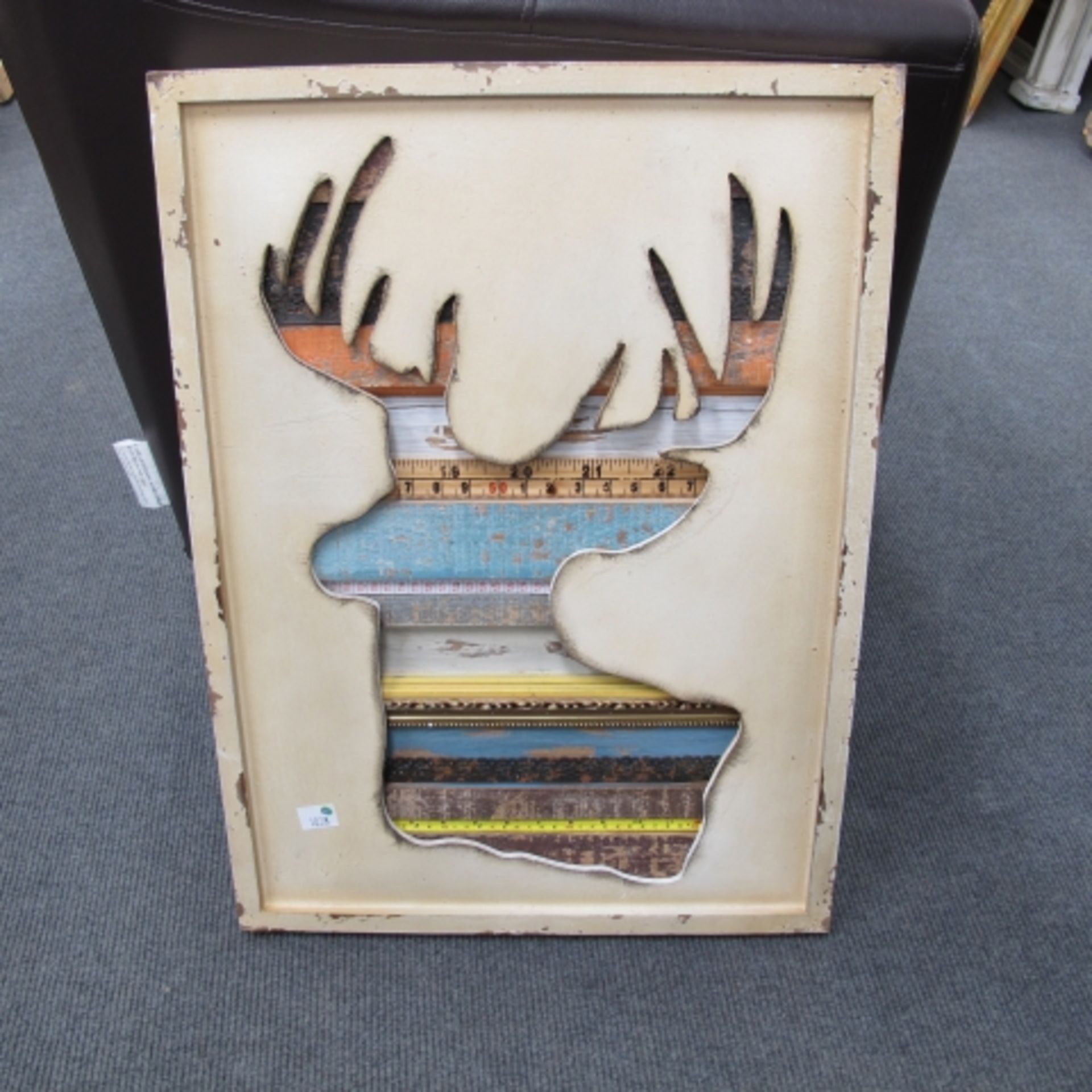 Unusual pair of wooden collage pictures and three other furnishing pictures (est. £20-£30)