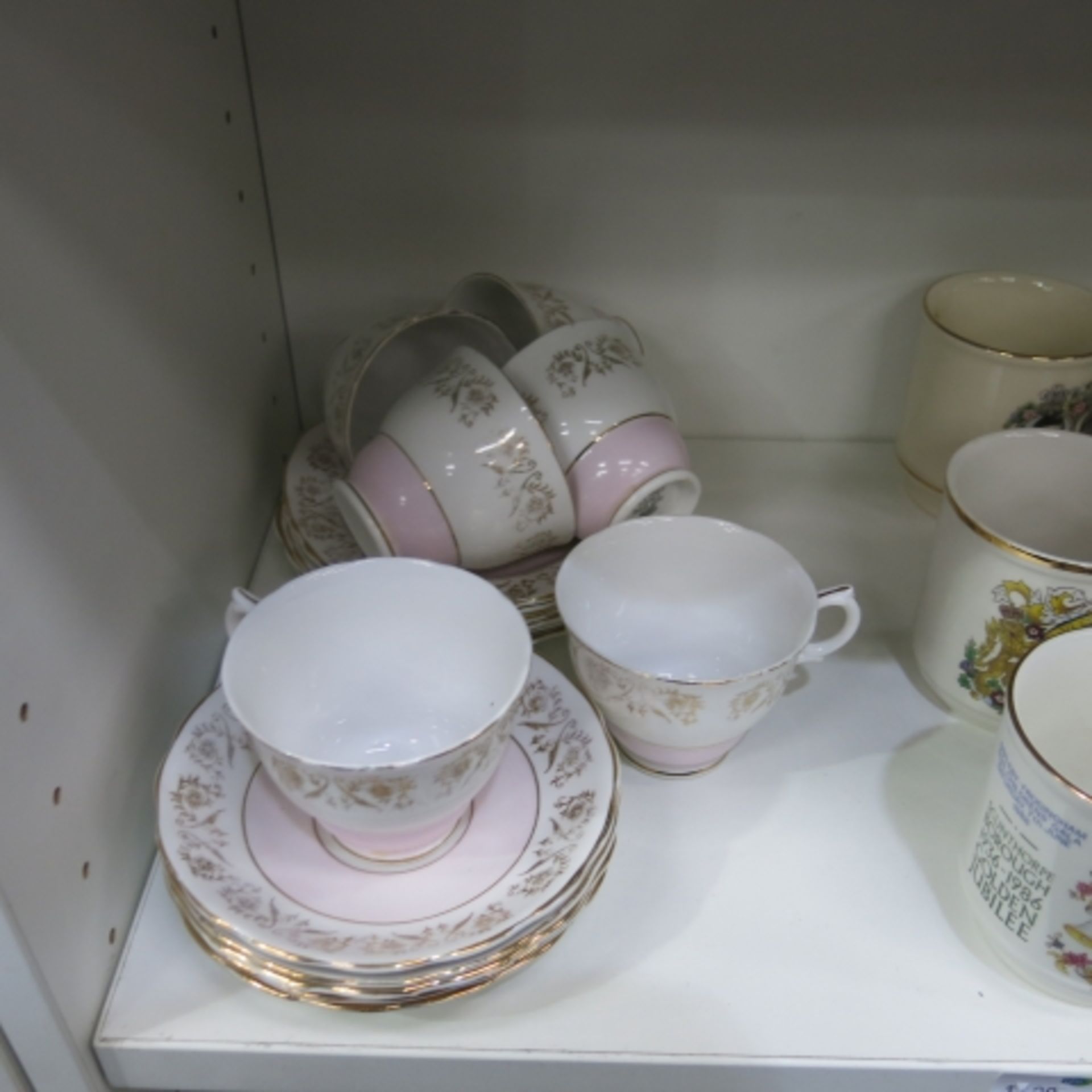 Three shelves containing various cut glassware, teapots, gravy boat, commemorative cups, small tea - Image 3 of 4