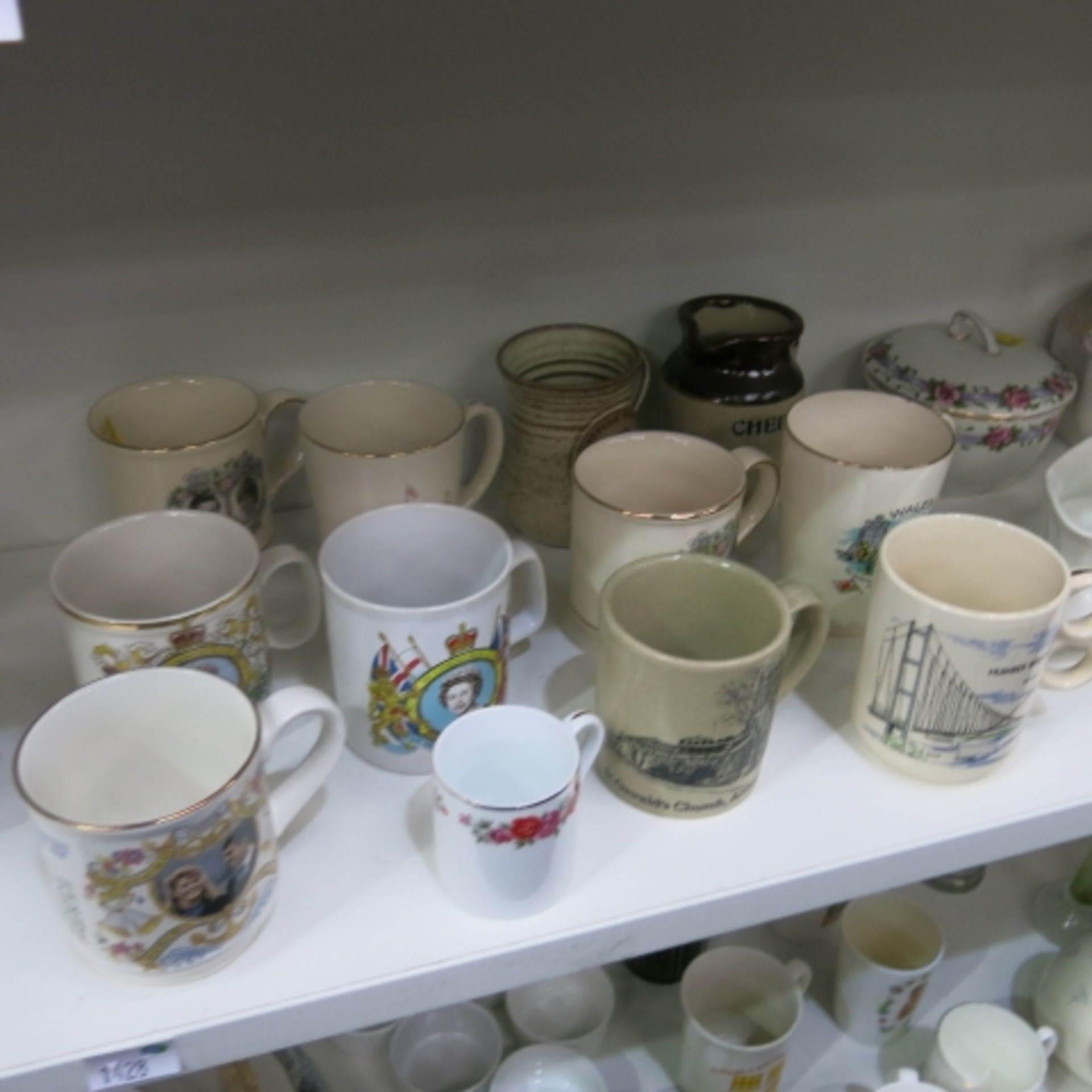 Three shelves containing various cut glassware, teapots, gravy boat, commemorative cups, small tea - Image 4 of 4