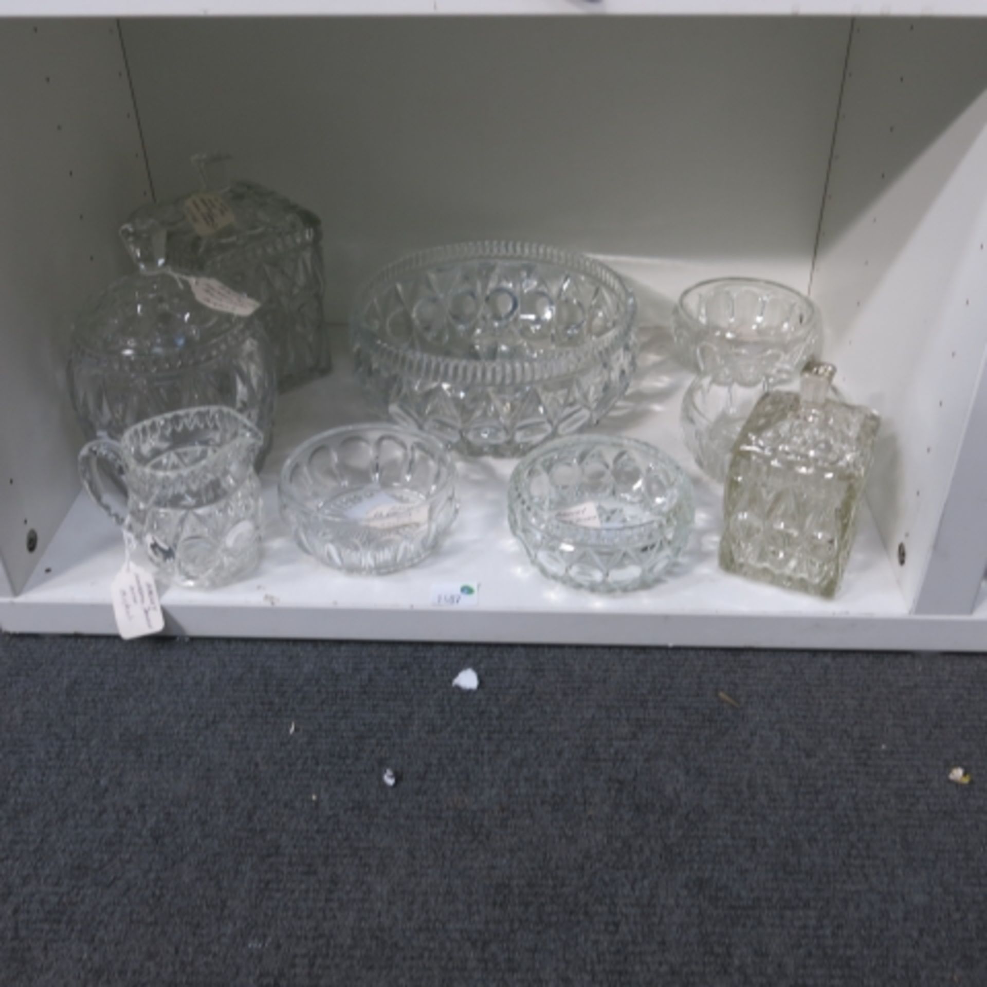 Lot containing four shelves of cut glass bowls, large, small, biscuit jar, candlestick holders, - Image 3 of 5
