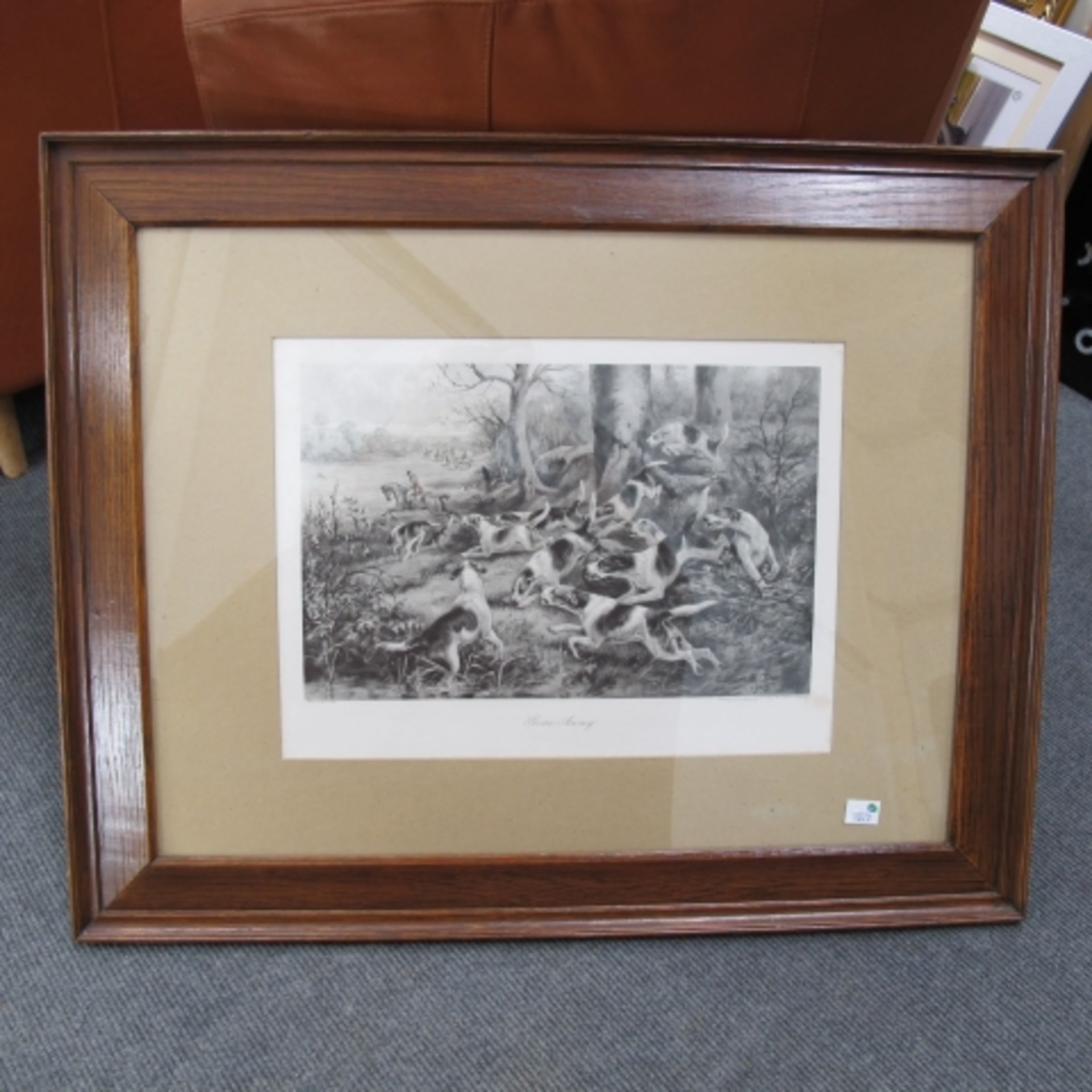 Four large furnishing prints including 1906 print of a fox hunting scene entitled ''Gone Away'' (