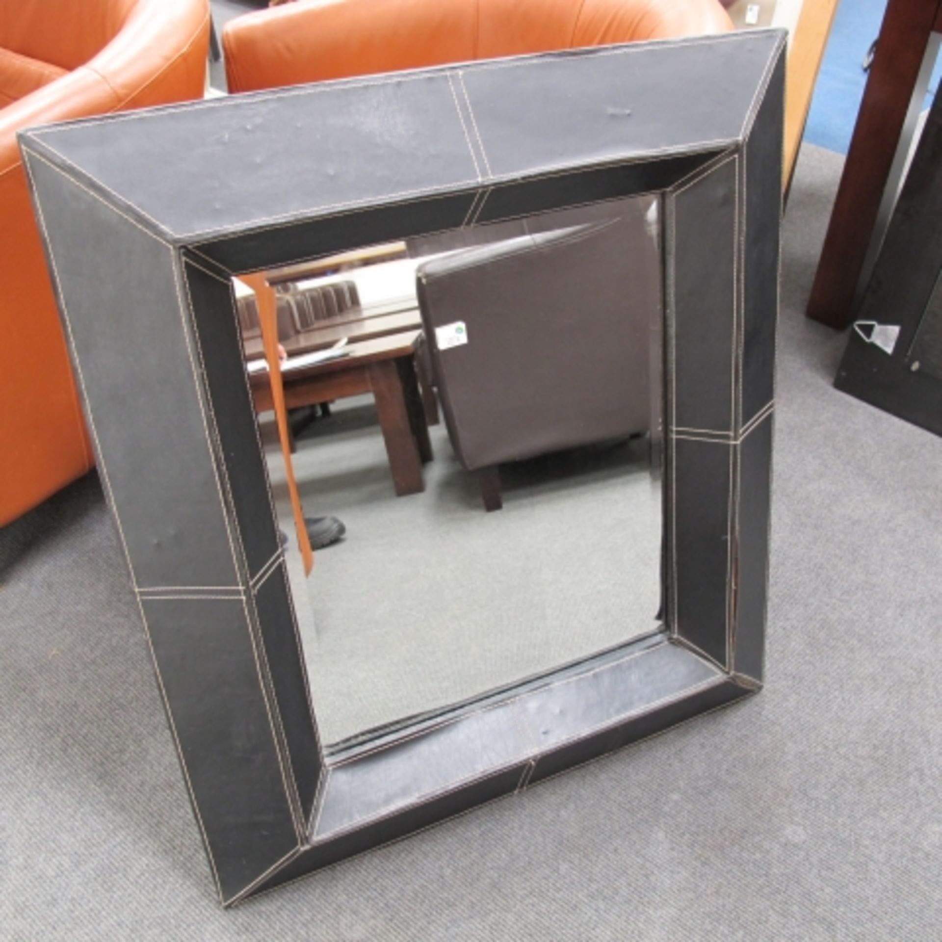 A large black faux leather covered frame wall mirror 90 x 77 cm overall and another decorative black - Image 2 of 2