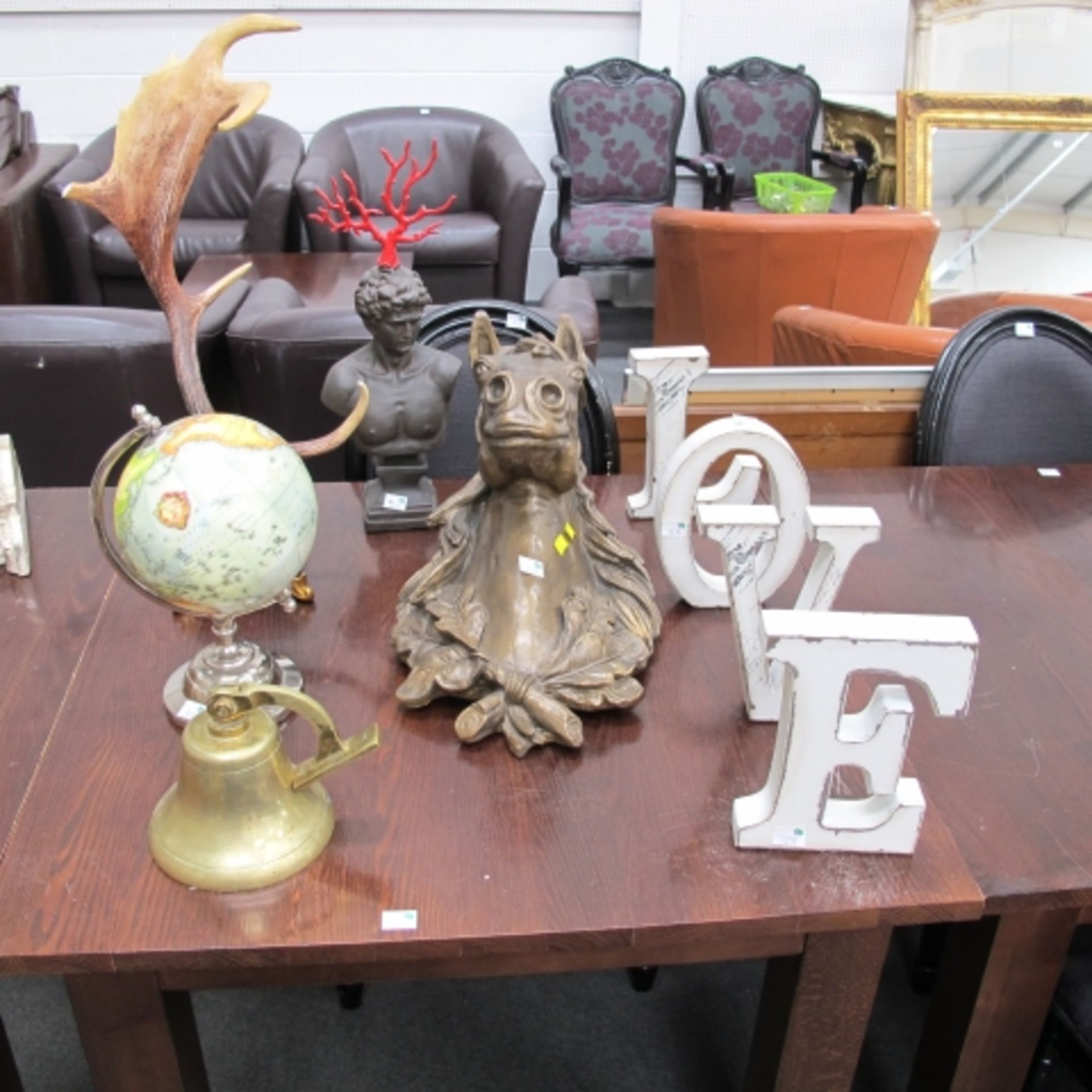 Ornamental items, horse head, antler, bust, globe, brass bell and four letters (est. £20-£40)