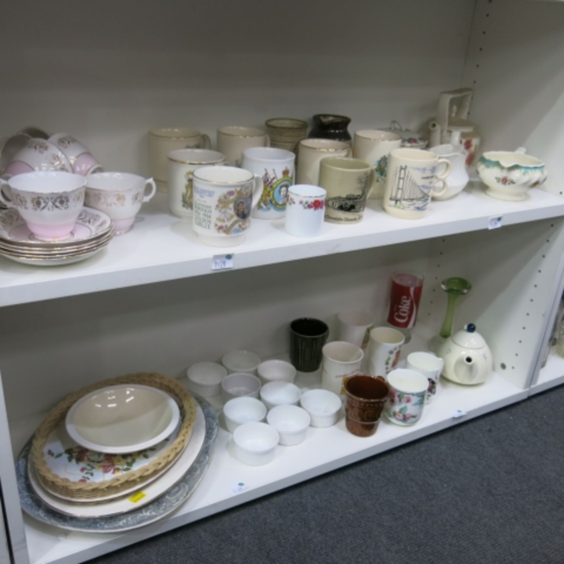 Three shelves containing various cut glassware, teapots, gravy boat, commemorative cups, small tea - Image 2 of 4