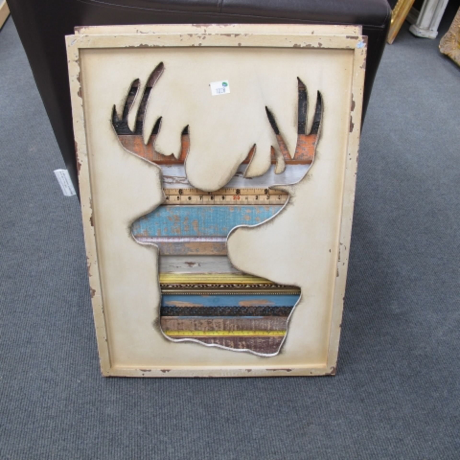 Unusual pair of wooden collage pictures and three other furnishing pictures (est. £20-£30) - Image 2 of 5
