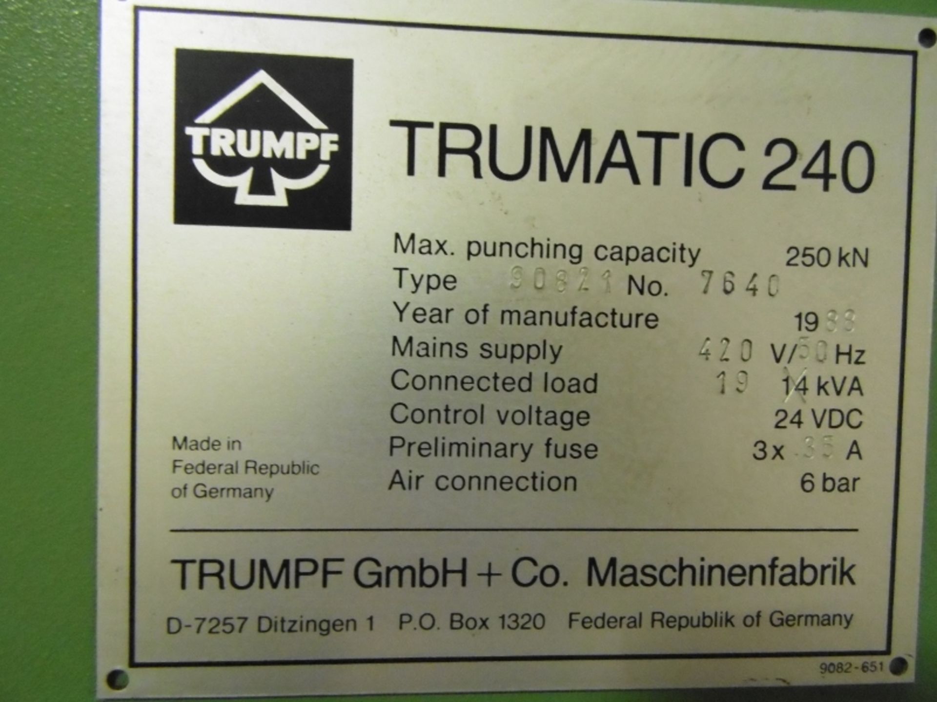 * 1988 TRUMPF TRUMATIC 240 CNC PUNCH PRESS; MAX PUNCHING CAPACITY 250KN; TYPE 90821; 420V; CONNECTED - Image 3 of 3