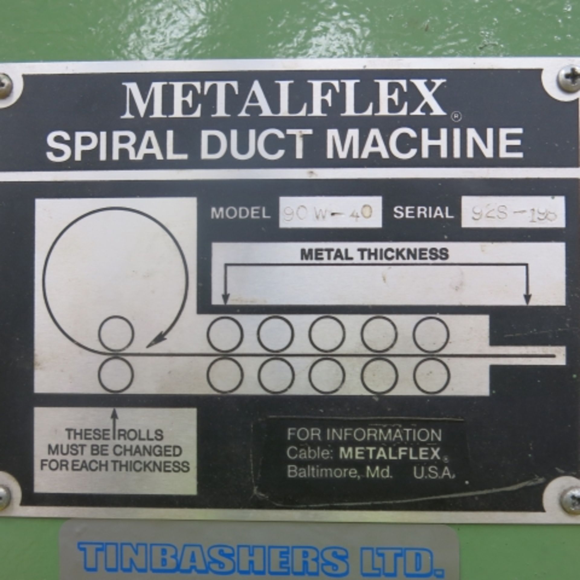 METALFLEX MODEL 90W-40 SPIRAL DUCT MACHINE, YOM 1992, S/N 92S-196 - Image 7 of 7