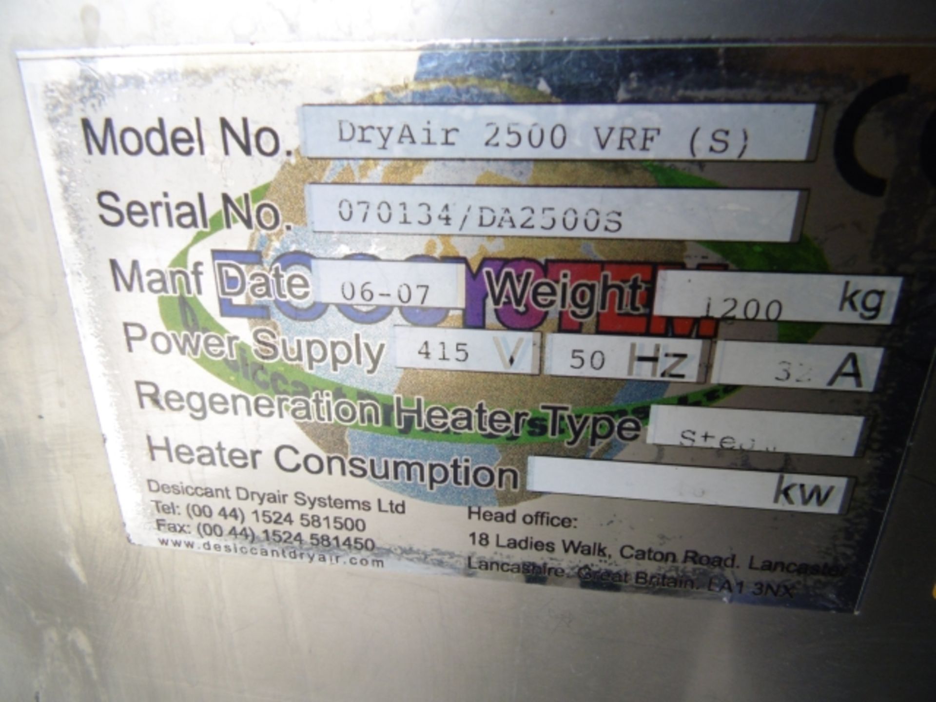 2007 Dessicant Dryer Systems Model Dryair 2500 VRF (S) Stainless Steel Air Dryer; 415V; Weight - Image 2 of 3