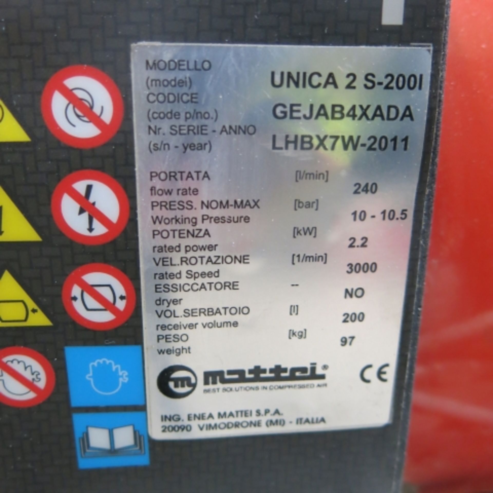 * MATTEI UNICA 2 S-2001 Receiver Mounted Screw Compressor 240V - Image 2 of 4