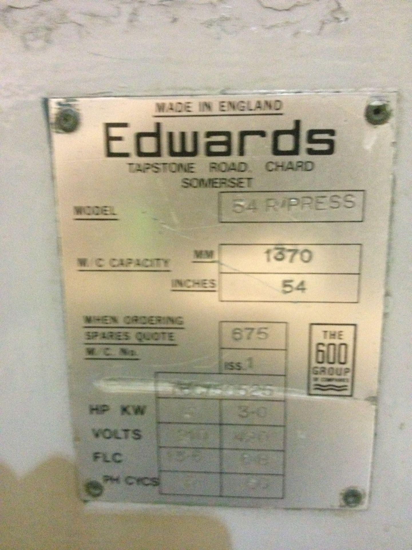 * Edwards 54'' (1370 mm) Roller Press; S/N 675; 3.0 KW; 3 phase; in working order. Please note - Image 3 of 4