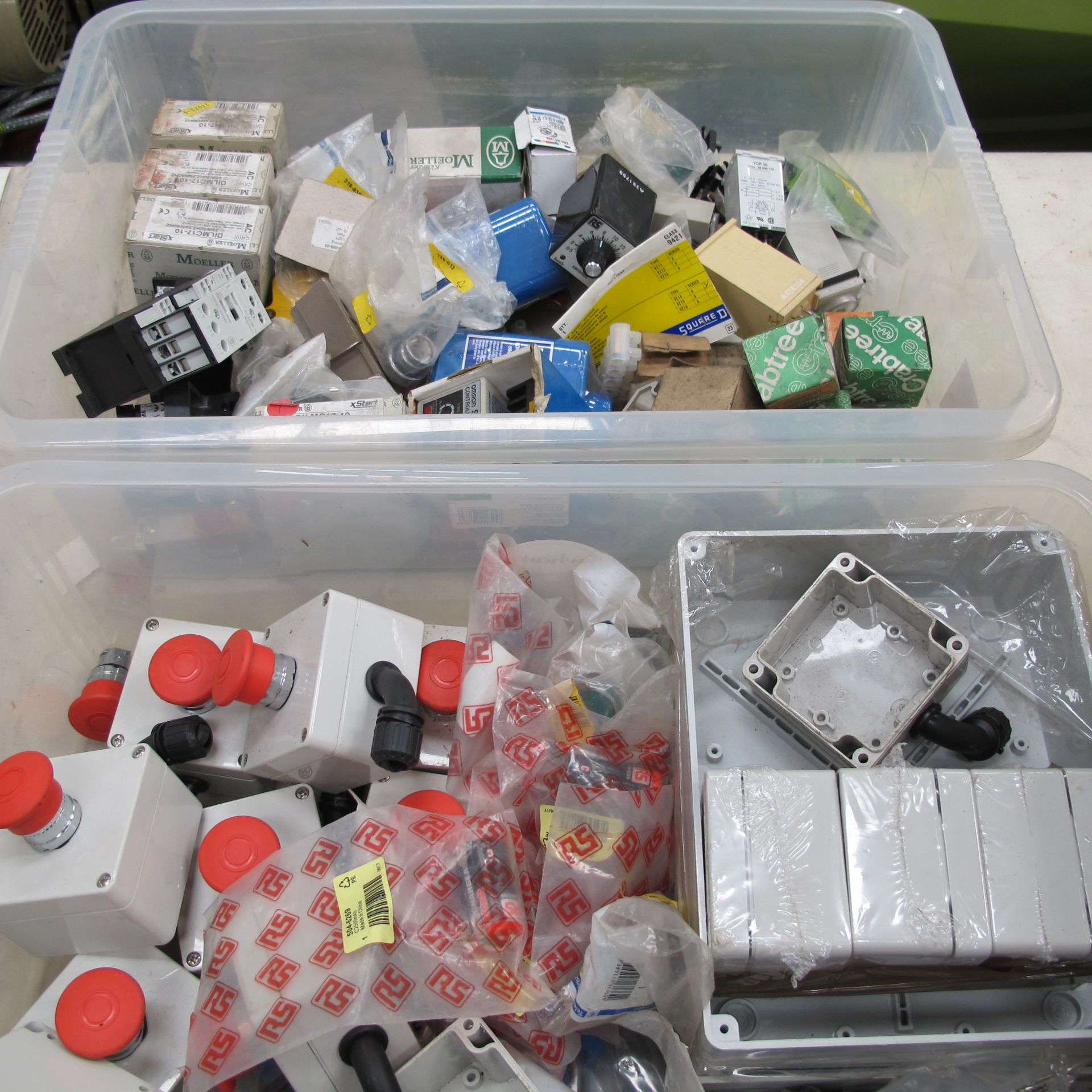 2 x Boxes of various electrical components to include emergency stop buttons, switches, and timer - Image 2 of 2