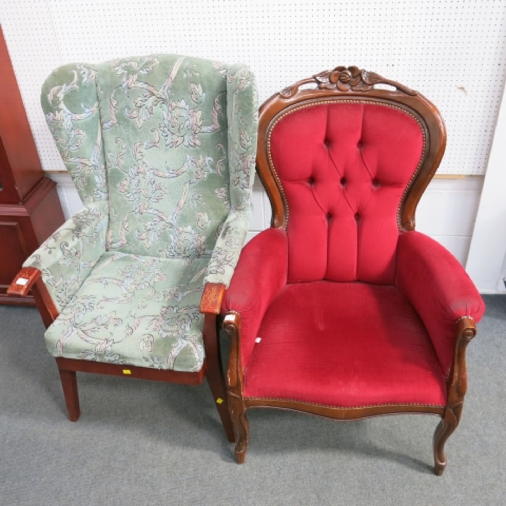 A Victorian style spoon back armchair together with a wing back fireside chair (2) (est. £30-£50)