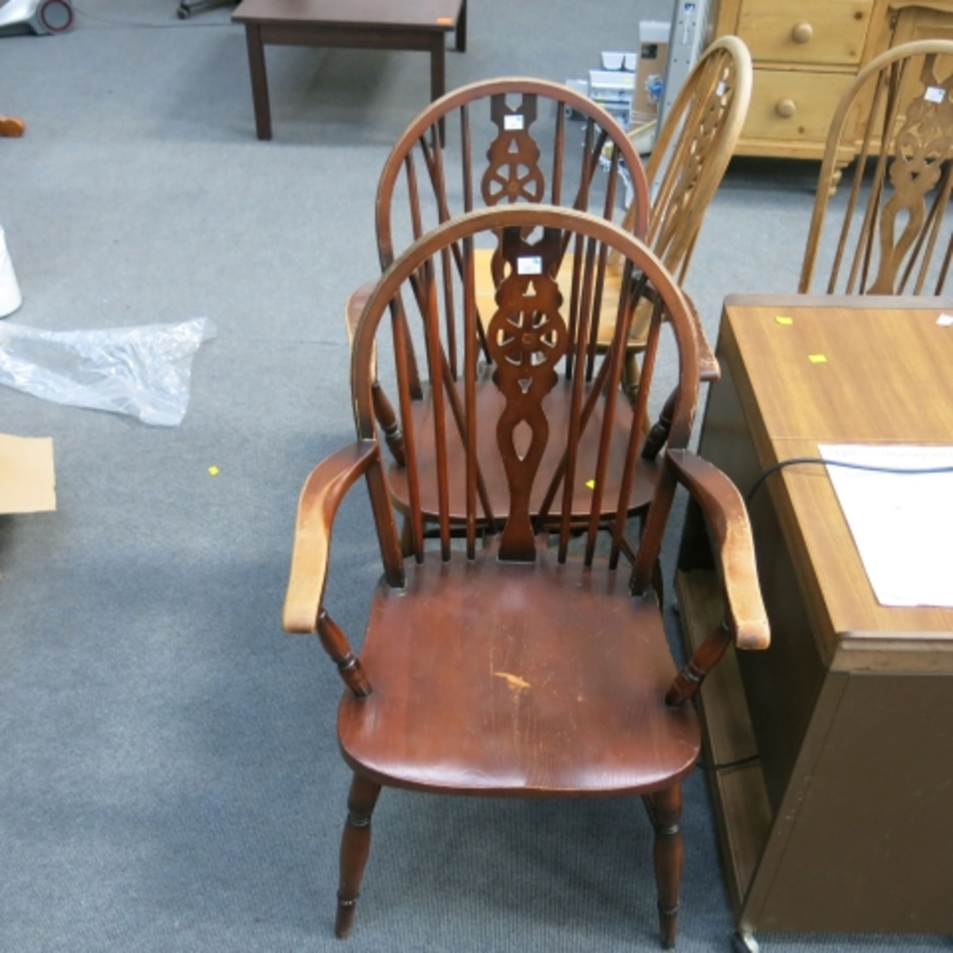 Oak refectory style dining table, 150cm, together with wheelback carver chairs and two spindle - Image 2 of 3