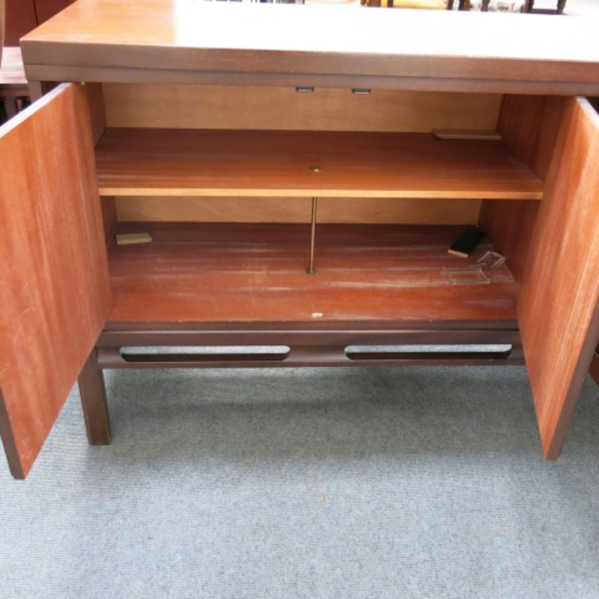 A 1960s walnut finish dining suite comprising pedestal table with inset folding leaf (240cm - Image 5 of 13