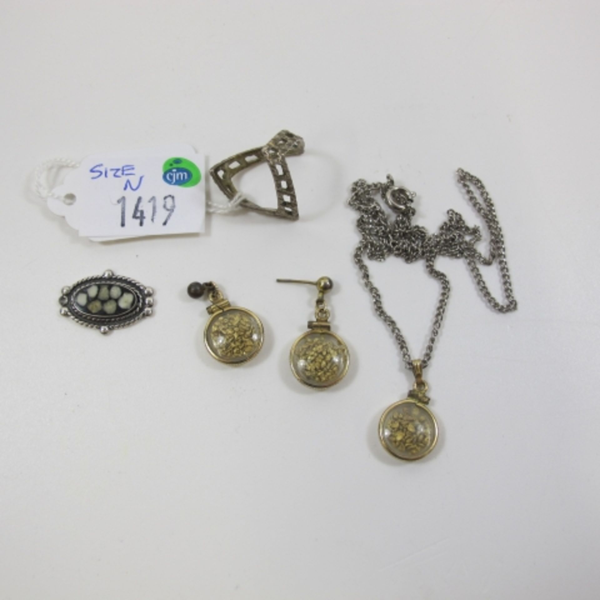 A Locket And a Pair of Earrings Containing Gold ? Flakes, Together With a Ladies Silver Ring Size N,