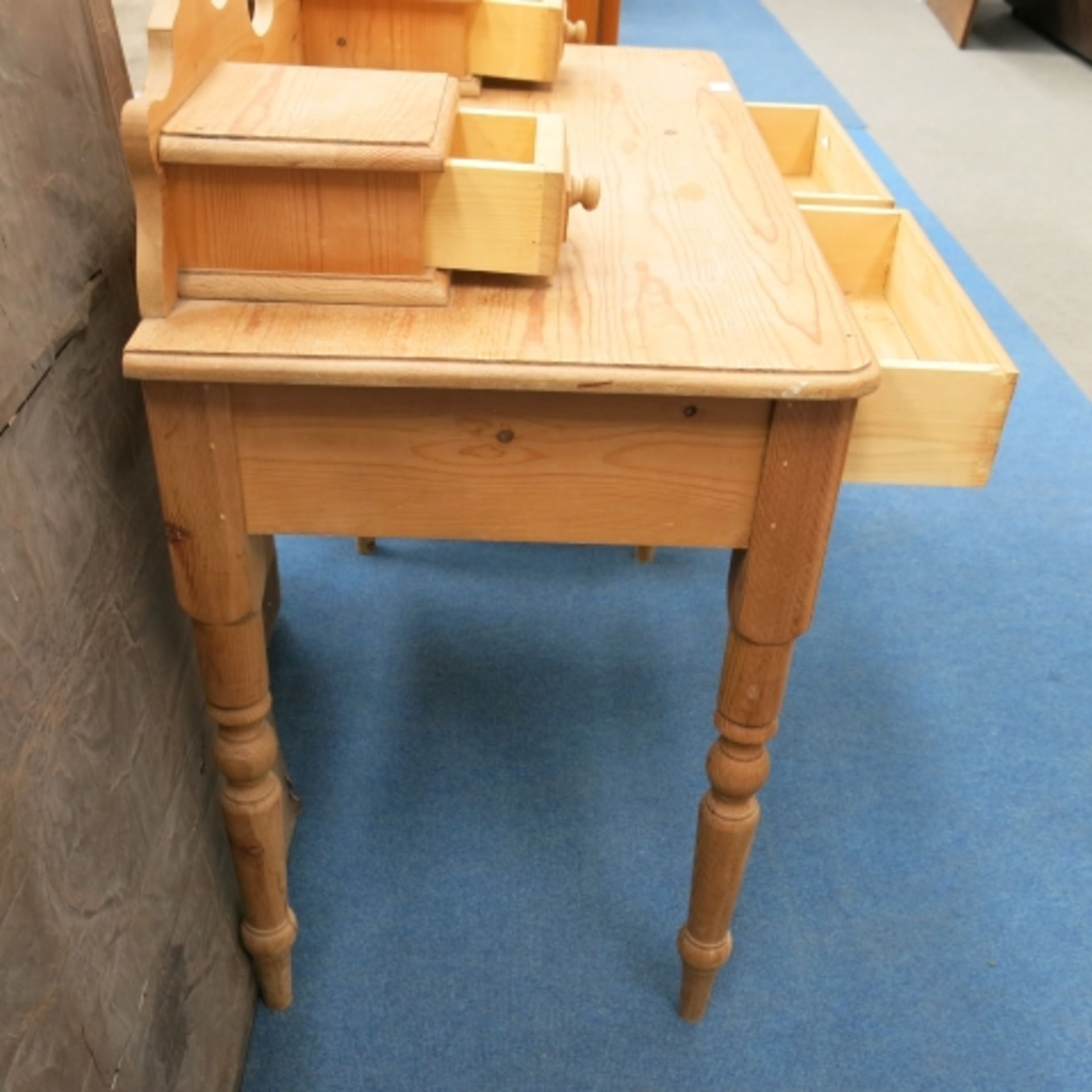 A stripped pine part dressing table, an Ercol style elm wall rack and a teak tv cabinet (3) (est. £ - Image 4 of 7