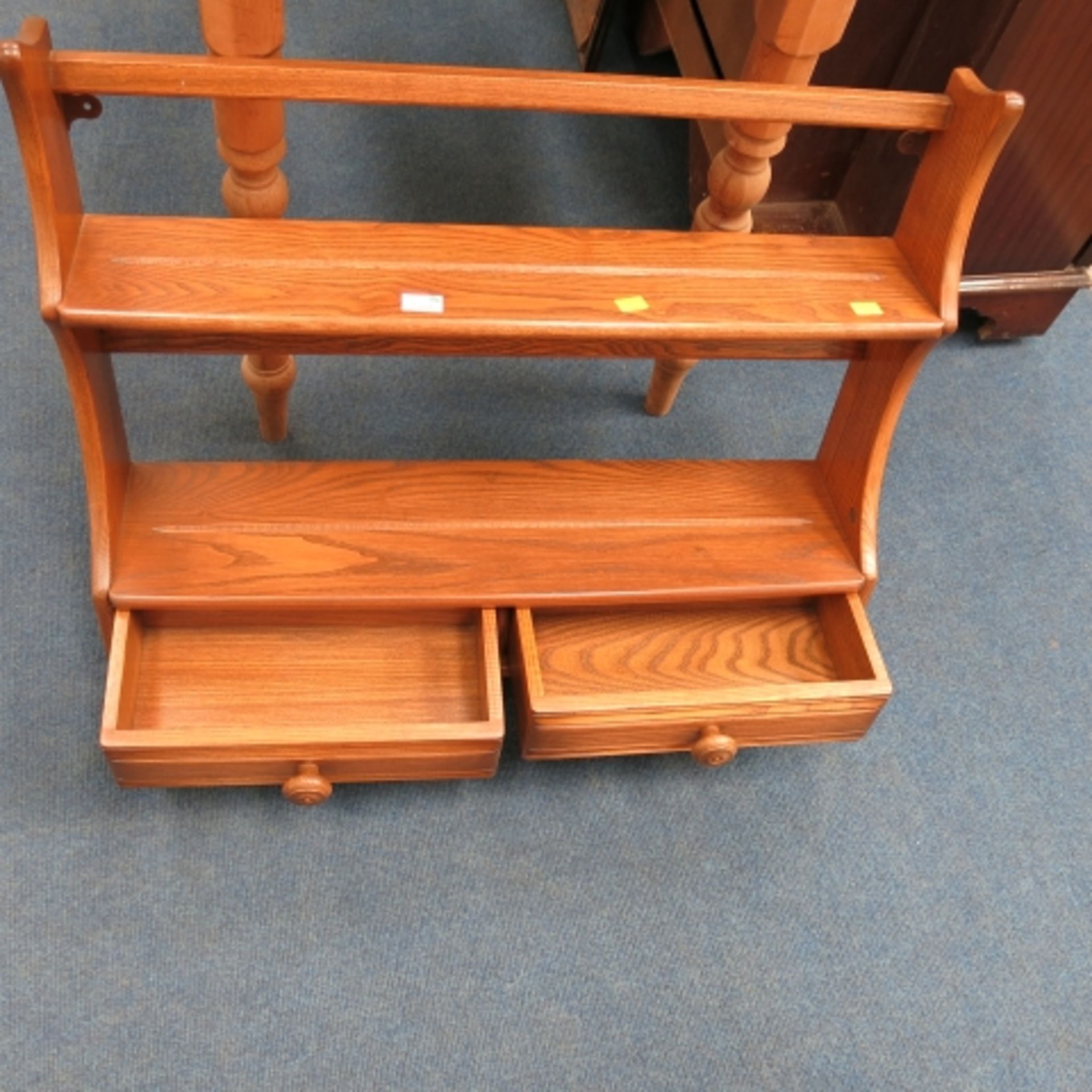 A stripped pine part dressing table, an Ercol style elm wall rack and a teak tv cabinet (3) (est. £ - Image 2 of 7