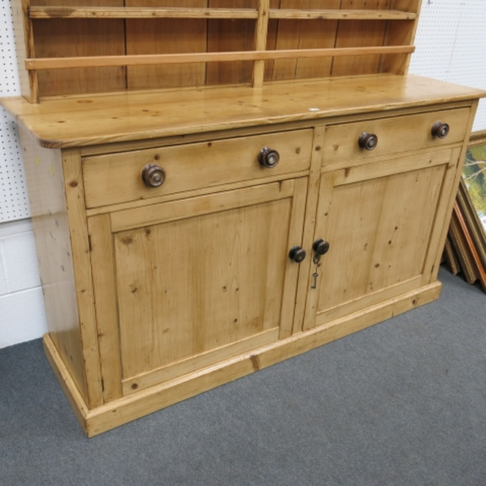 A Victorian stripped and polished pine 'Welsh' dresser with large delft rack over cupboards and - Image 3 of 9