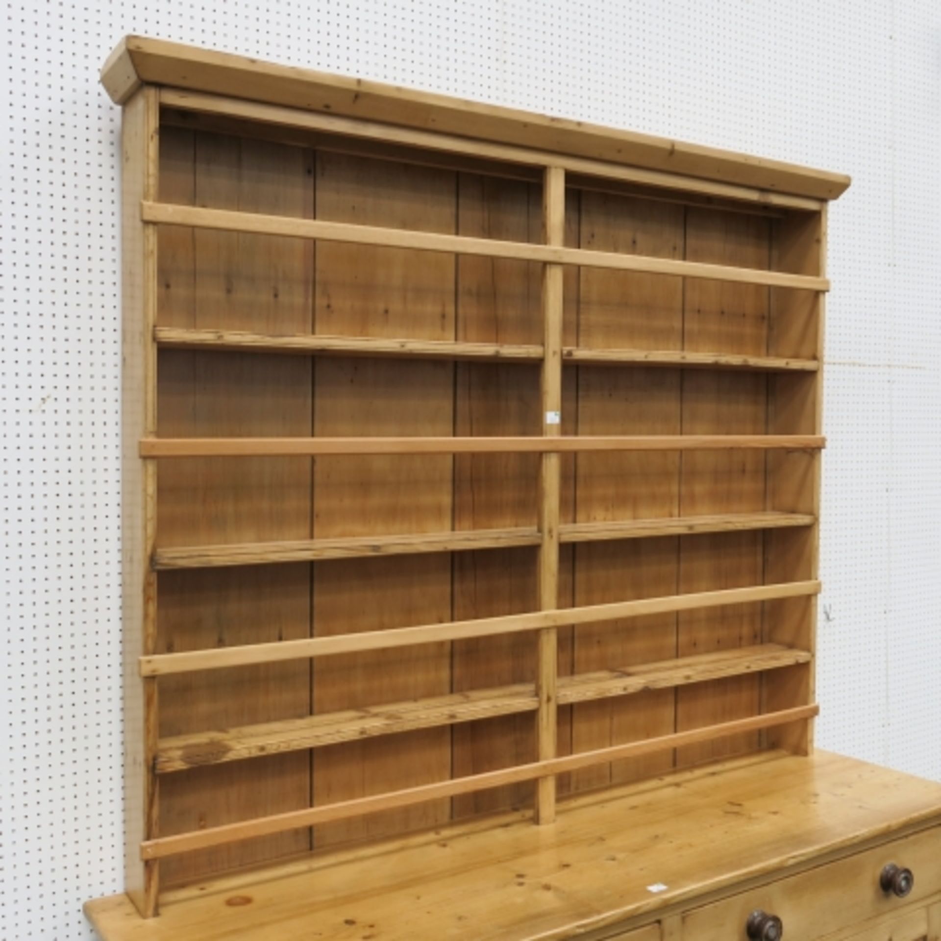 A Victorian stripped and polished pine 'Welsh' dresser with large delft rack over cupboards and - Image 2 of 9