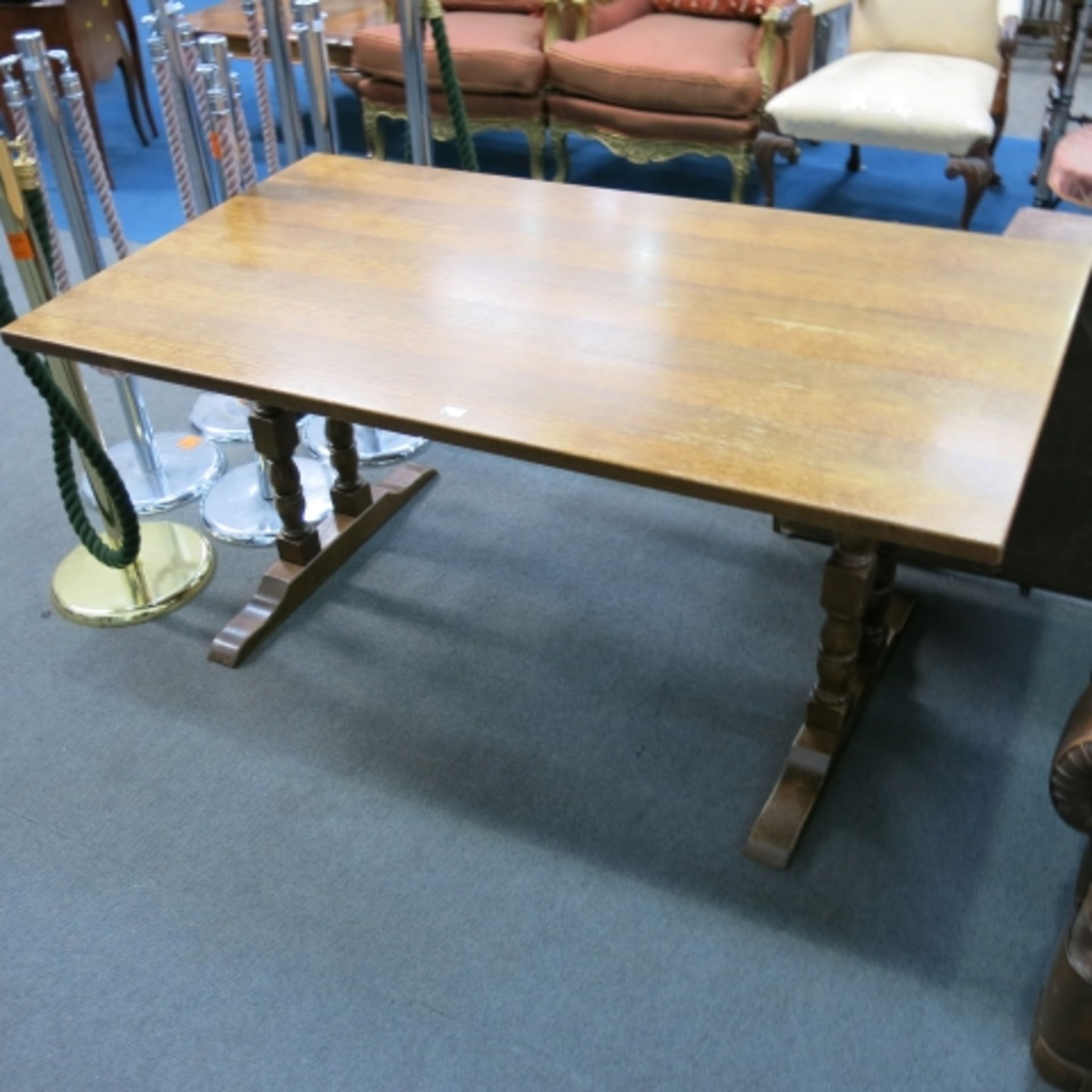 Oak refectory style dining table, 150cm, together with wheelback carver chairs and two spindle