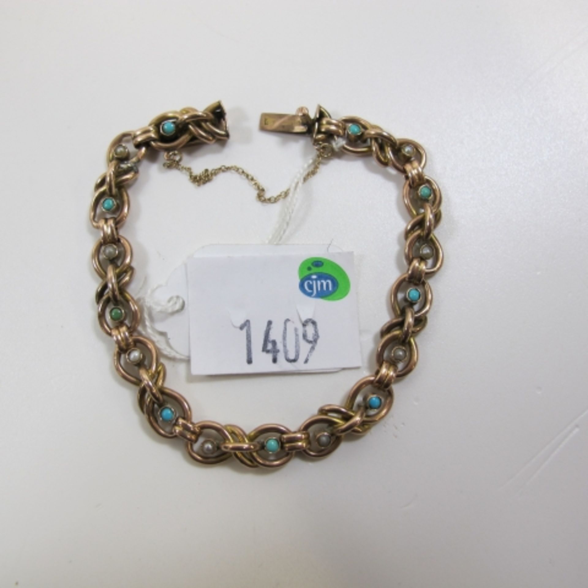 Antique 9ct Gold, Turquoise and Pearl set link bracelet (est. £150 - £300)