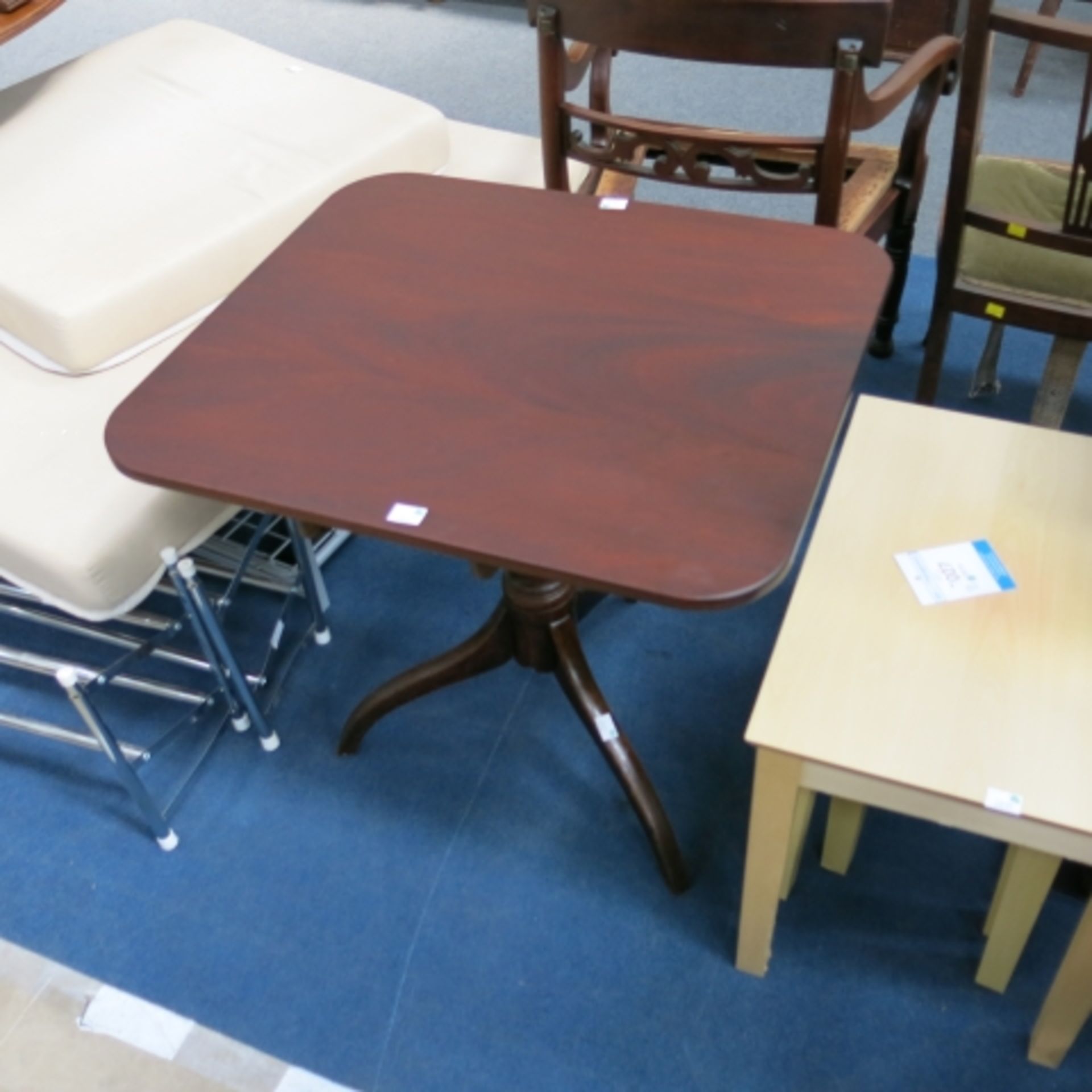 Mahogany tilt top pedestal table, note woodworm to leg has been fully treated, table top 69.5 x 61.5