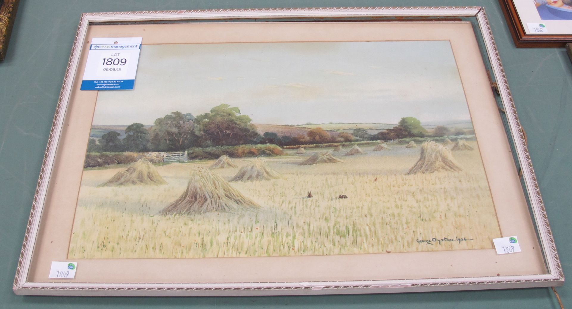 GEORGE OYSTON 1906. This Original Watercolour Depicts Standing Harvest Before Trees and Fields (