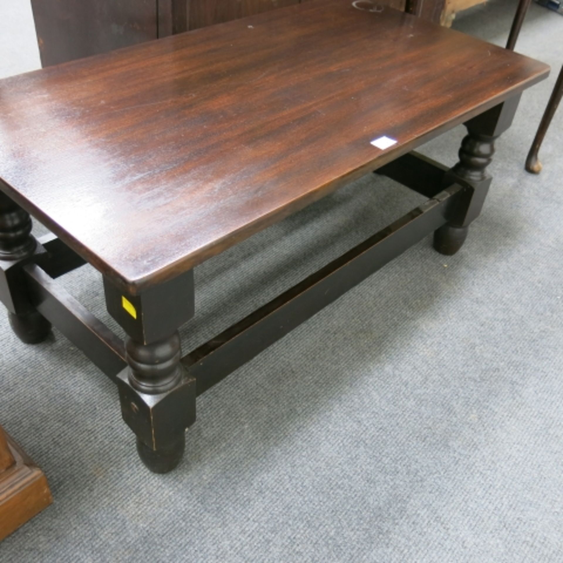 Reproduction mahogany leather top half moon hall table and a rectangular coffee table (2) (est. £ - Image 4 of 5