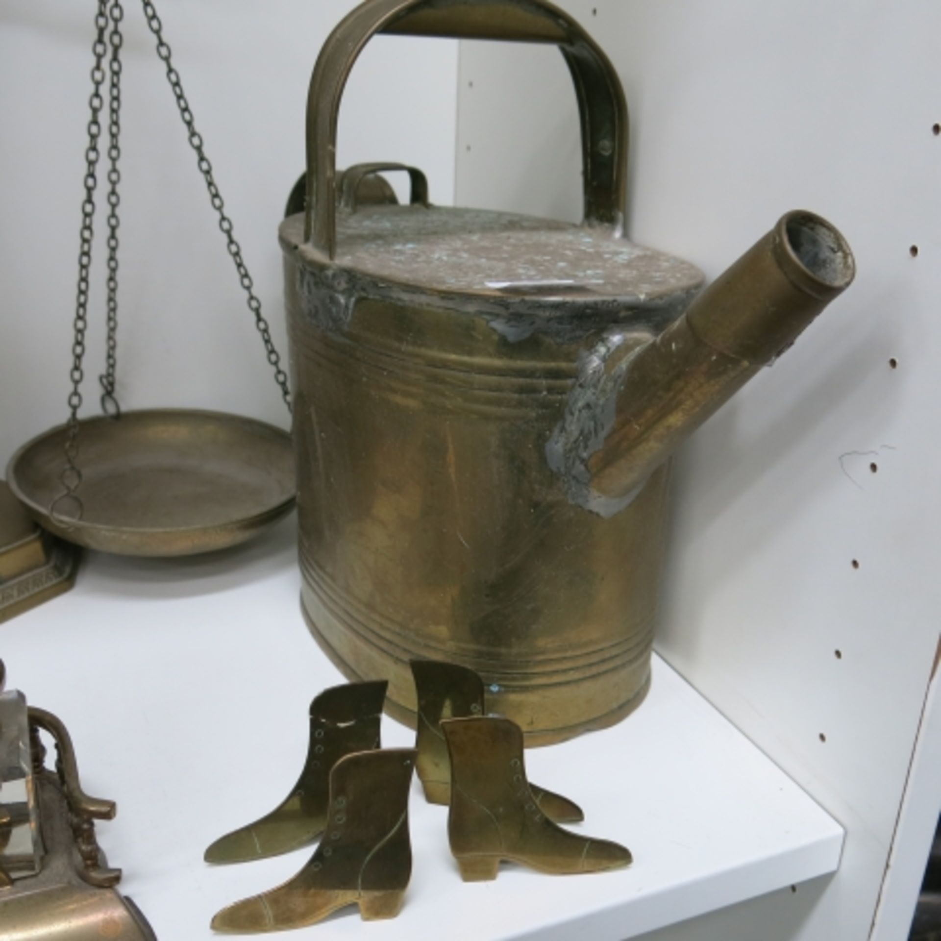 A Collection of Brassware Items and Others to include Large Plant Pot Holder, Scales, Miniature - Image 4 of 7