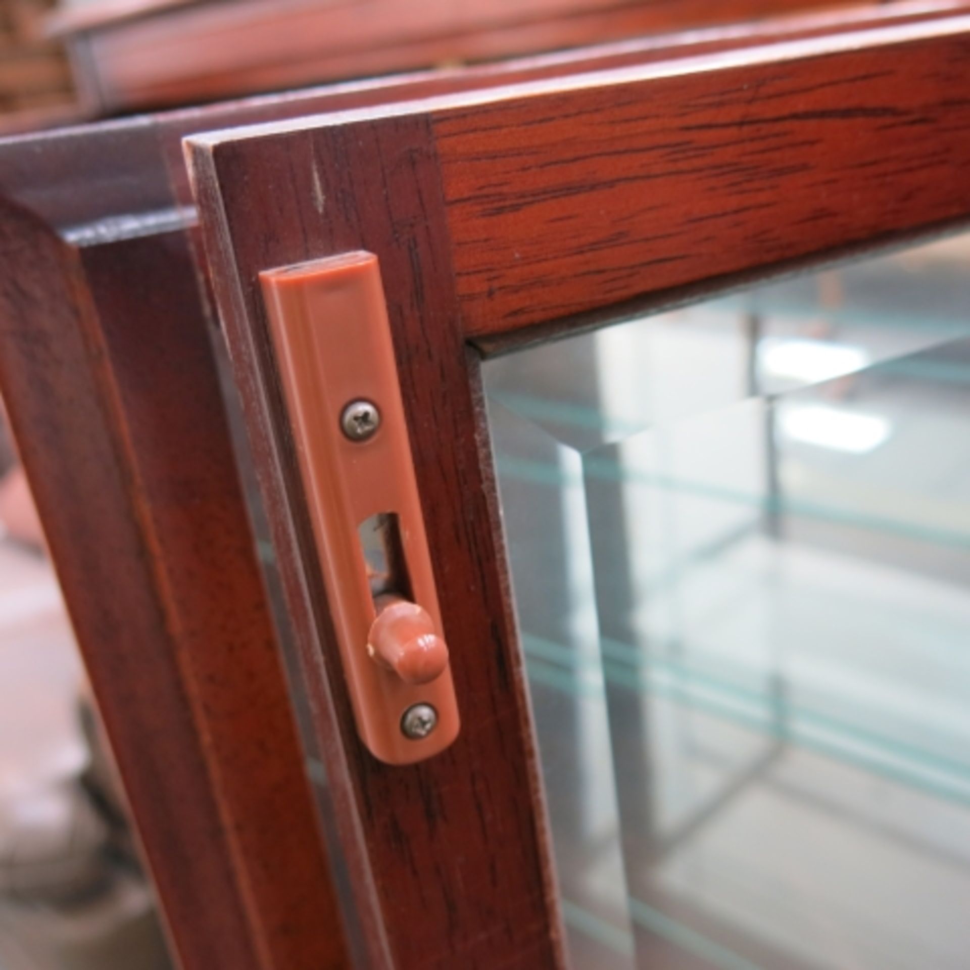 A pair of mahogany finish display cabinets each with two bevelled glass doors enclosing adjustable - Image 8 of 8