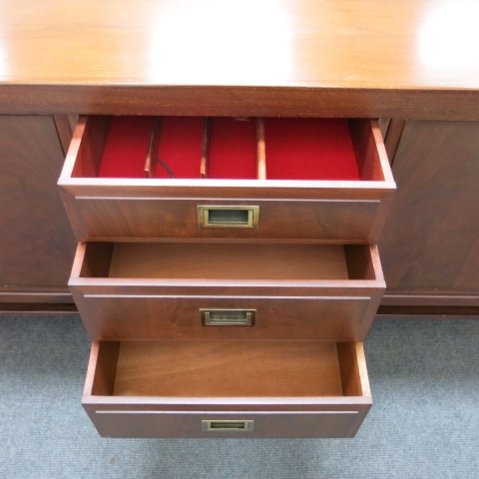 A 1960s walnut finish dining suite comprising pedestal table with inset folding leaf (240cm - Image 4 of 13