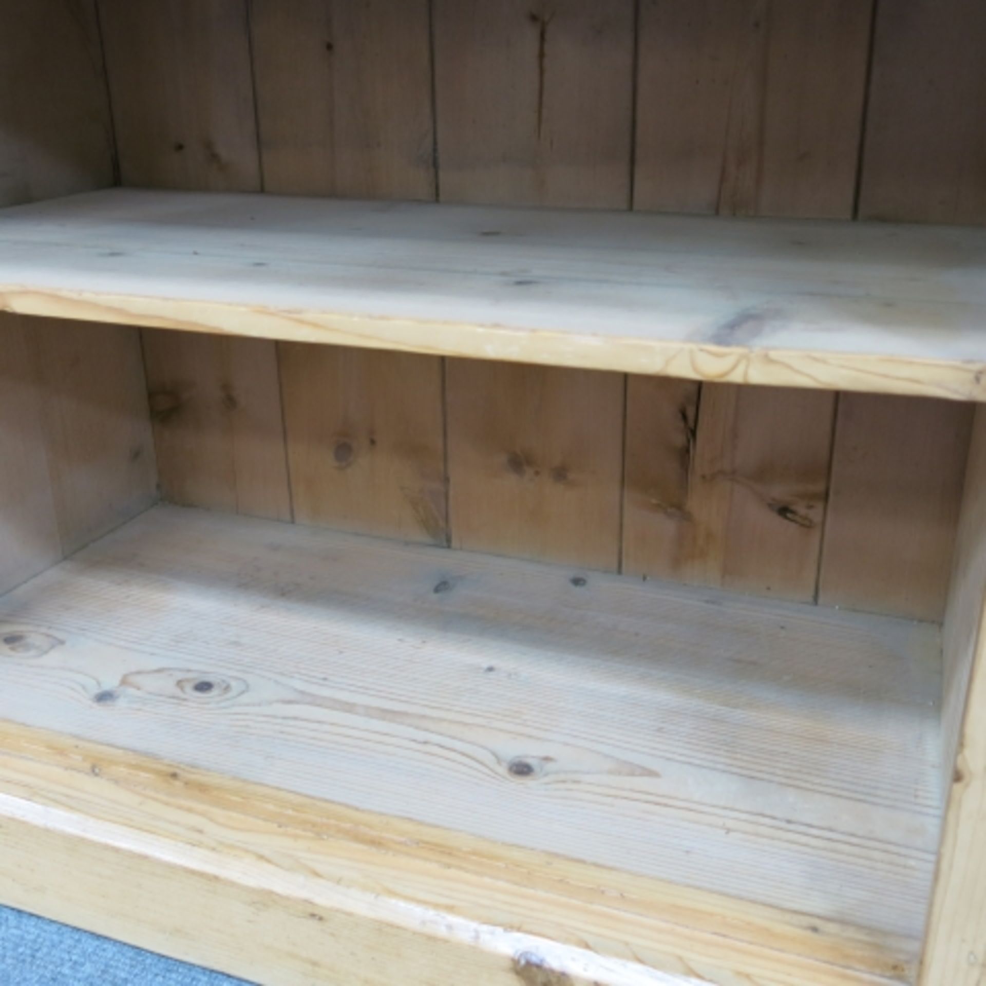 A Victorian stripped and polished pine 'Welsh' dresser with large delft rack over cupboards and - Image 8 of 9