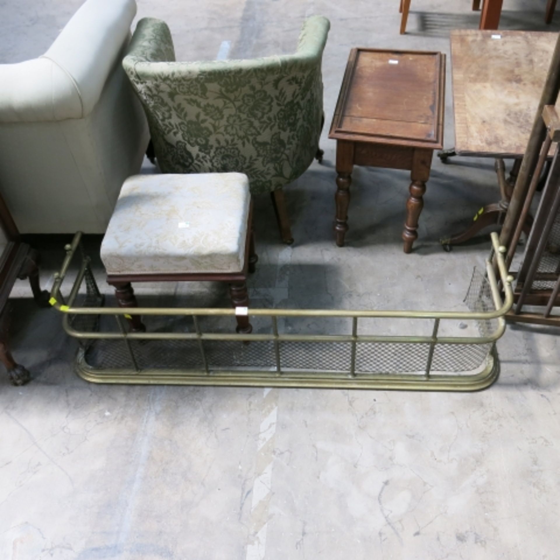 A vintage folding cot, a foldover trolley table, a mahogany square stool and a brass fire kerb/ - Image 2 of 2